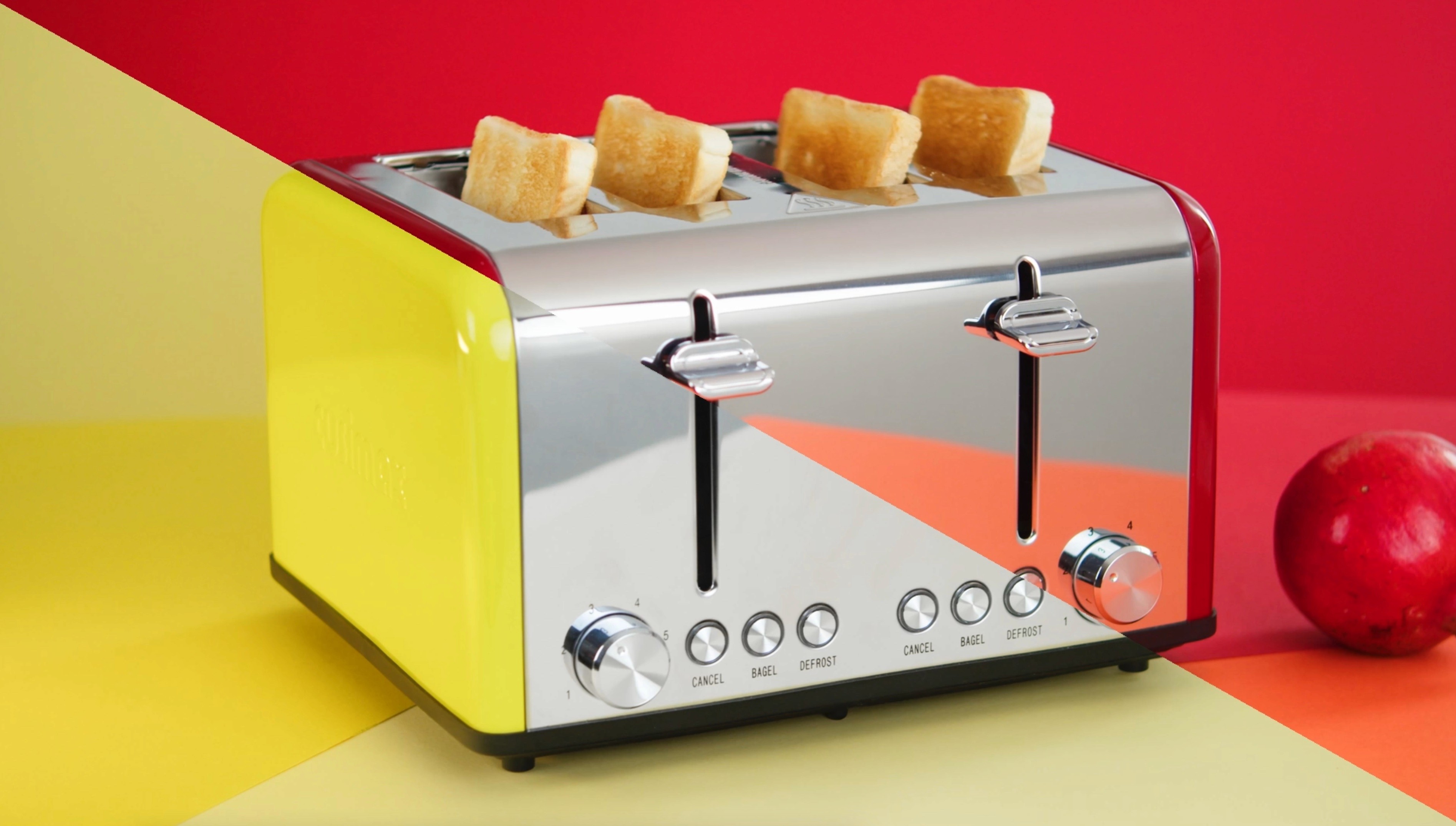 A yellow Cusimax toaster with a modern chrome finish, featuring four slots filled with golden toast against a bold, colorful background.