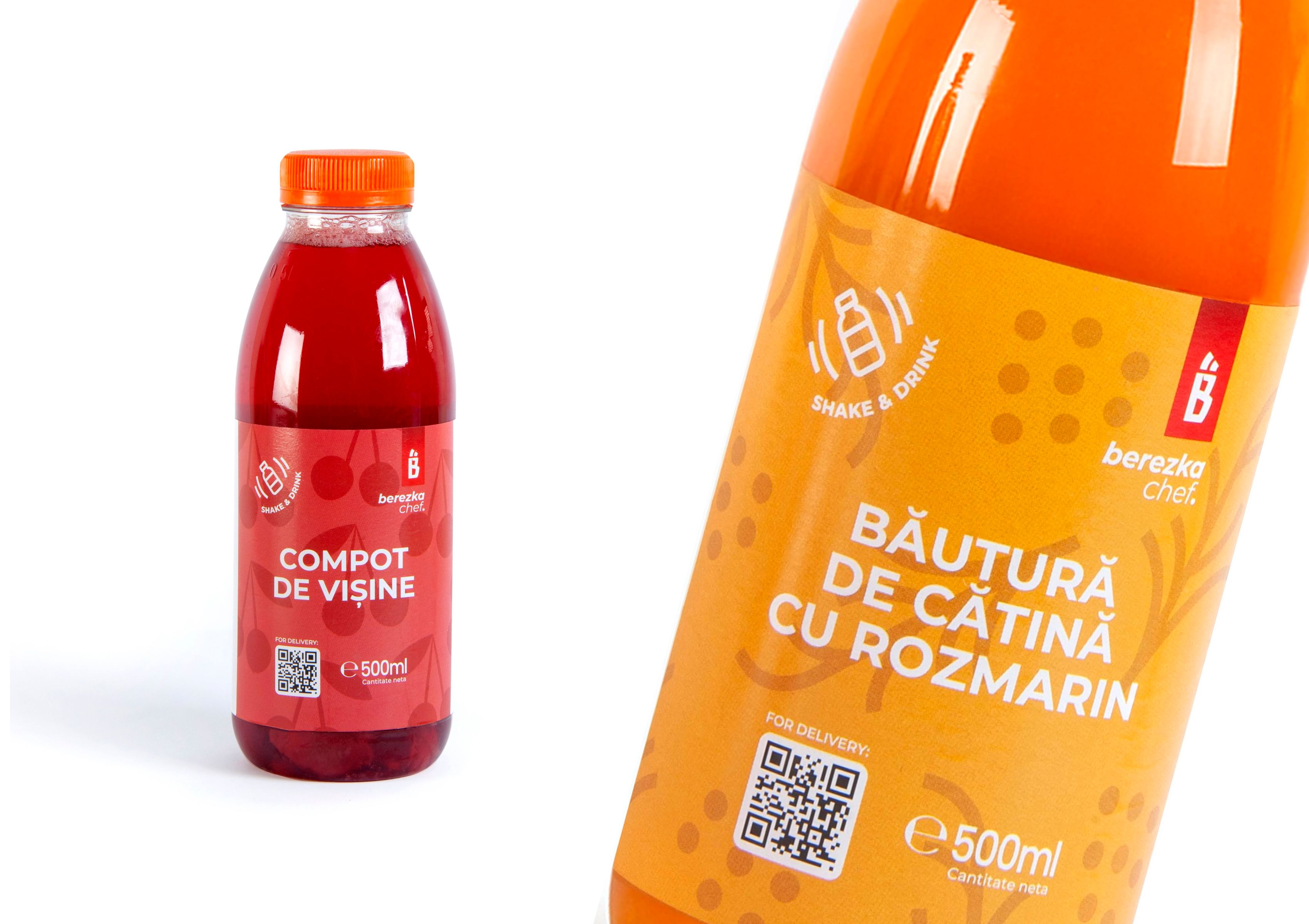 Berezka Chef drinks packaging — cherry compote and sea buckthorn rosemary drink. Bottles with red and orange labels.