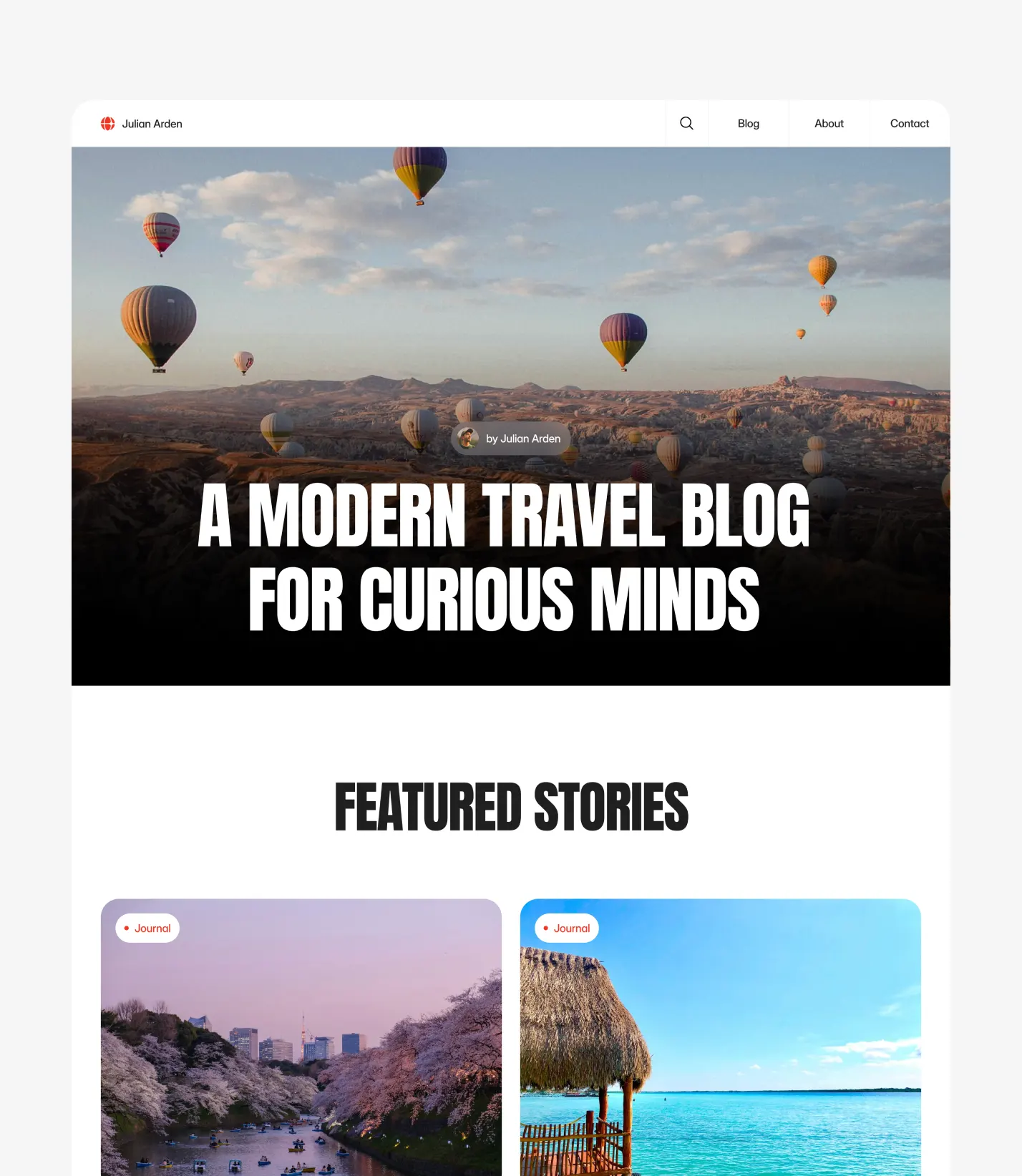 Travel blog website template homepage preview with content driven layout