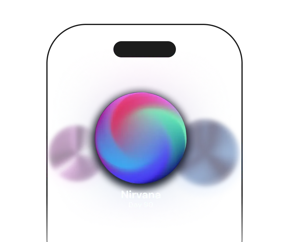 Quittr app dashboard displaying a colorful 3D orb representing the Nirvana milestone at Day 90