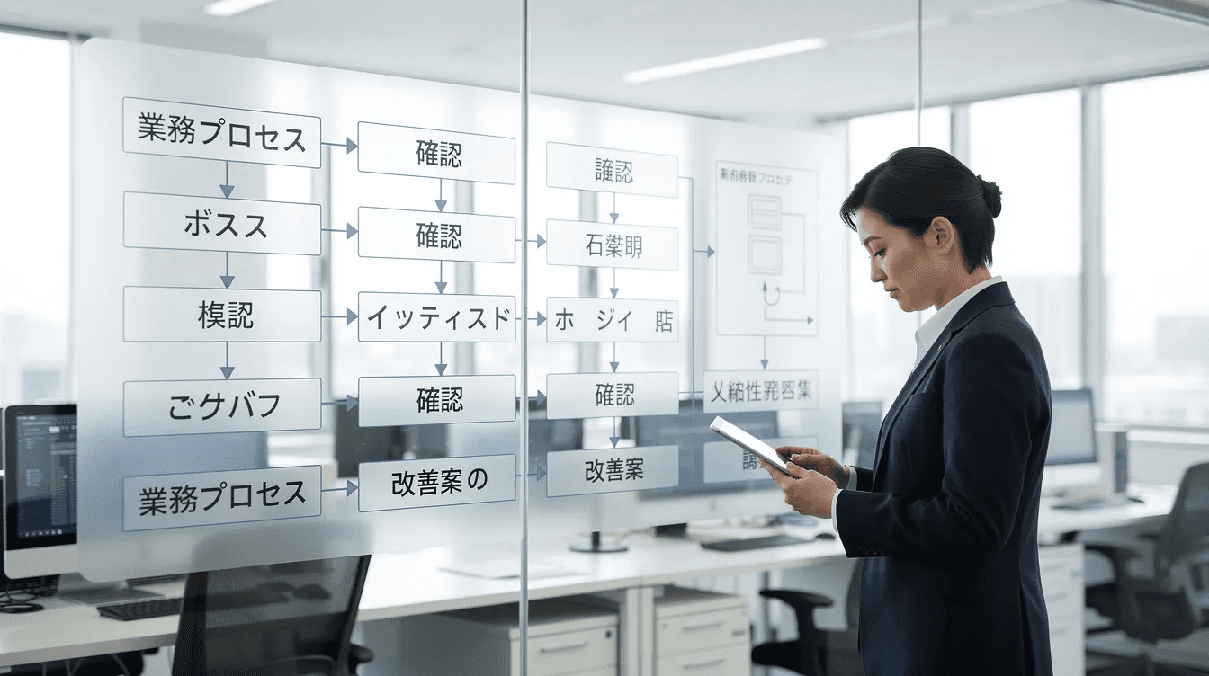 整理された業務プロセスを確認している人物が、顧客情報やデータベースを使って顧客関係管理の手法を分析しています。彼は、顧客データの意味や重要な属性について考え、業務効率を向上させるための方法を検討している様子です。