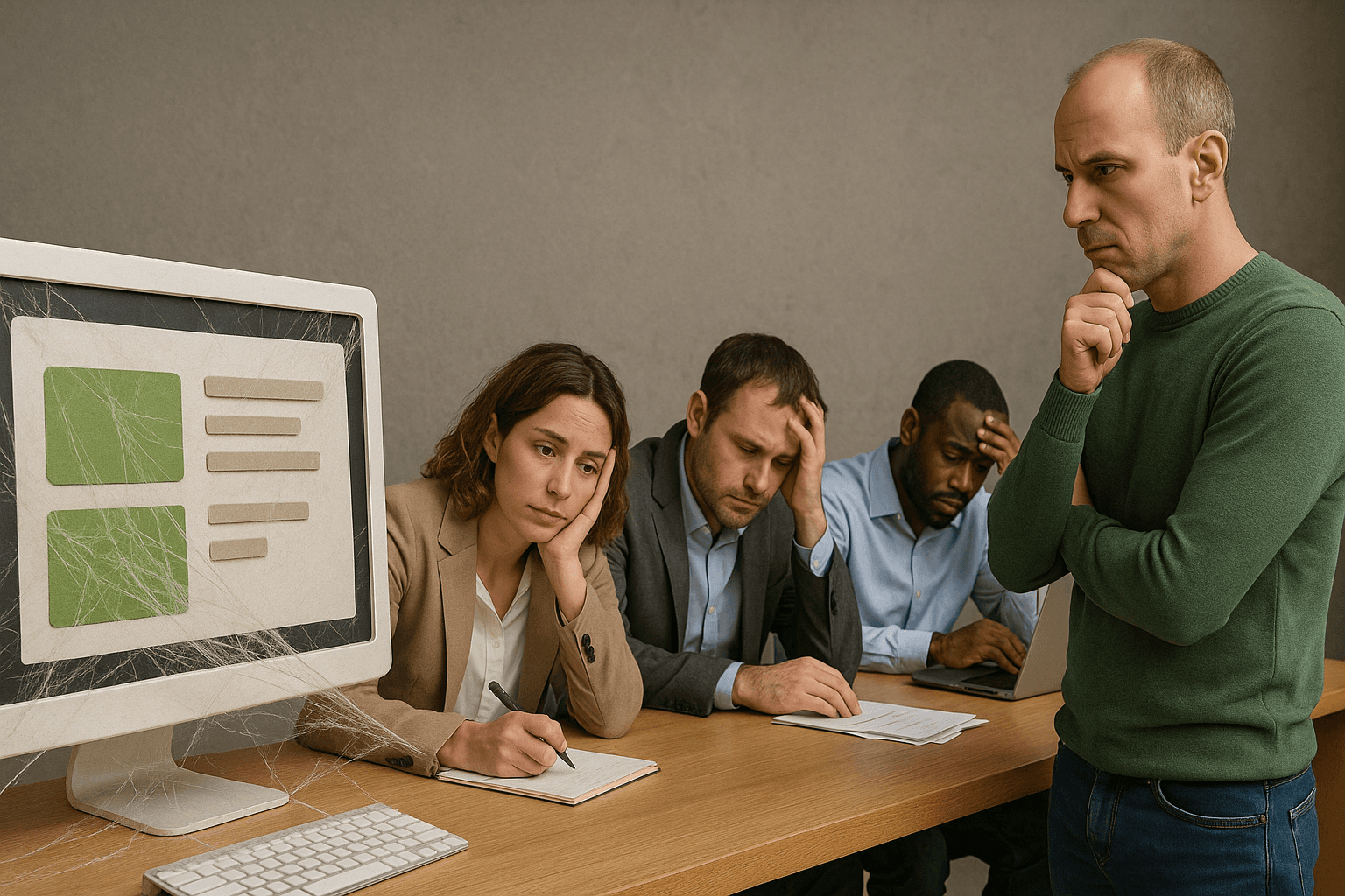 Cena realista mostrando vendedores B2B sobrecarregados enquanto um site parado aparece coberto por teias de aranha, simbolizando como a dependência do cliente no time de vendas impede que o e-commerce B2B gere pedidos de forma autônoma.