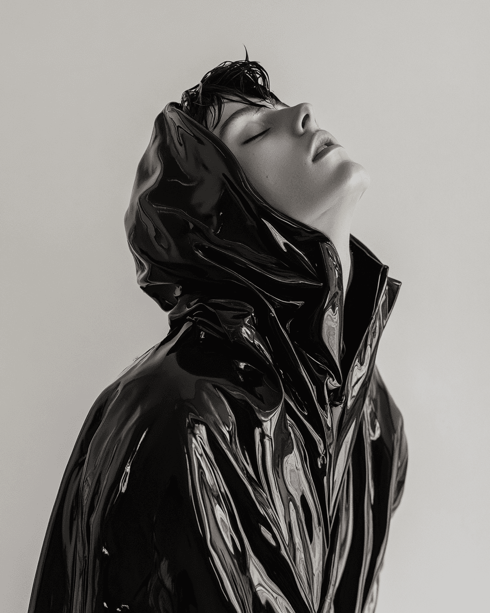 Person in a shiny black hooded jacket, tilting head back, eyes closed; conveys a mood of confidence and contemplation against a gray background.