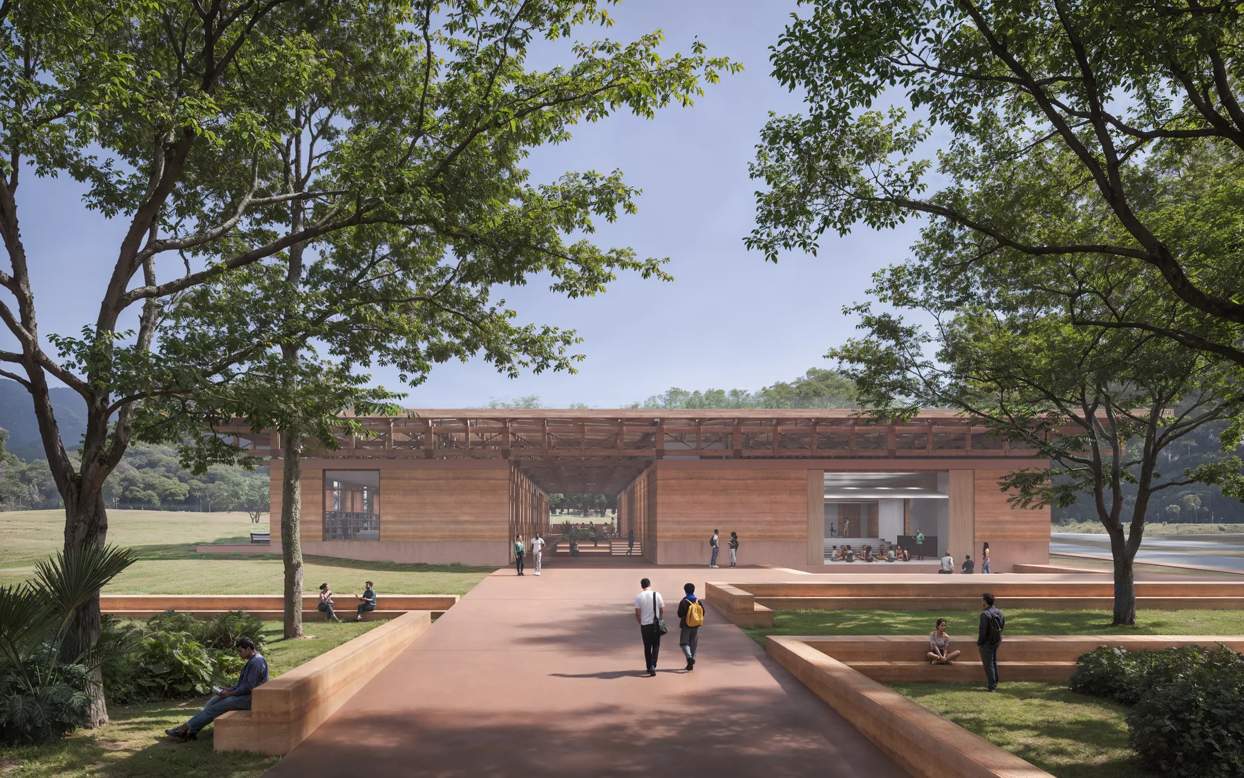 Entrance canopy with columns framing campus pathway — UFSCar Library by KAAN