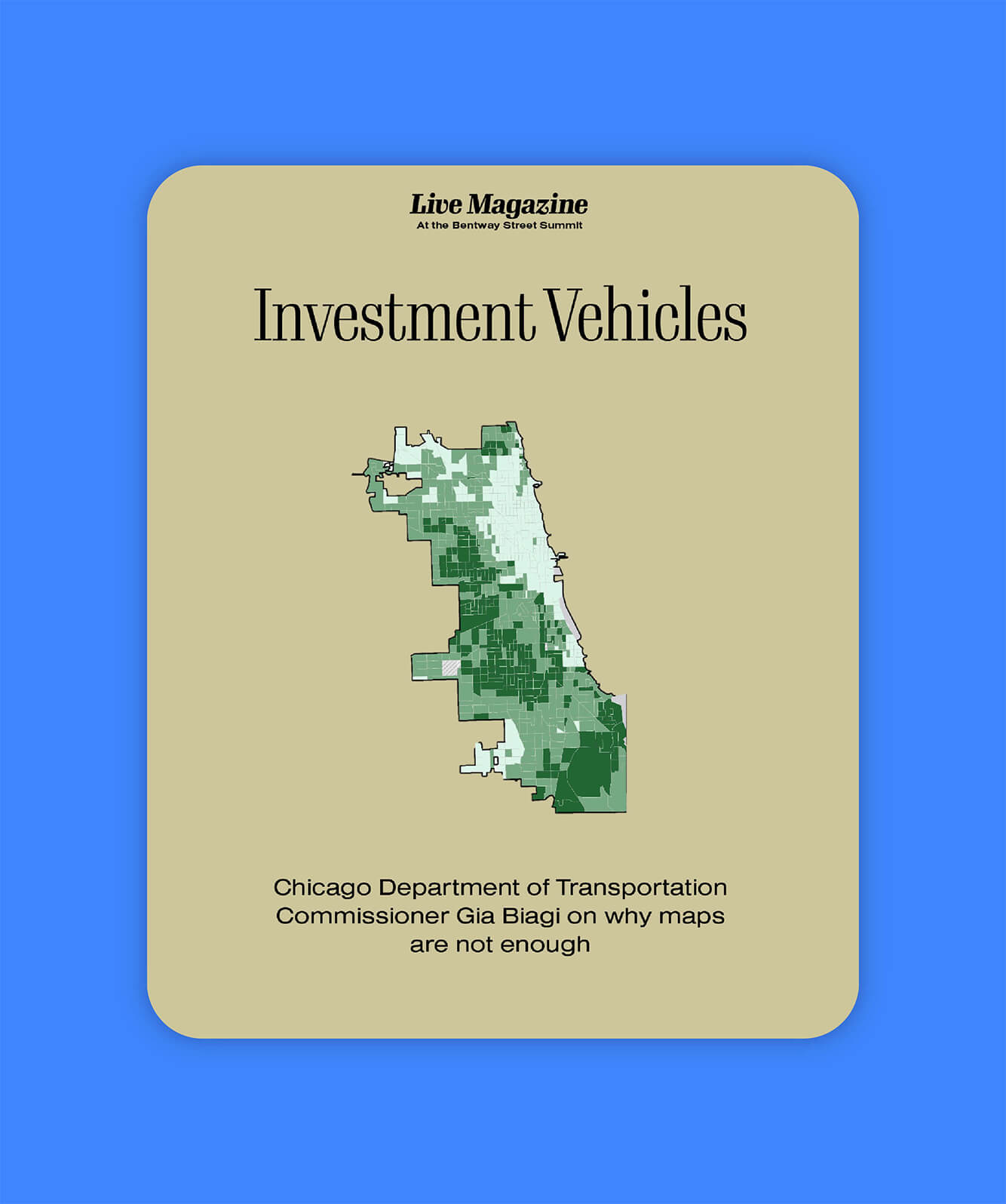 A graphic for the "Investment Vehicles" fatured story with a map of Chicago.