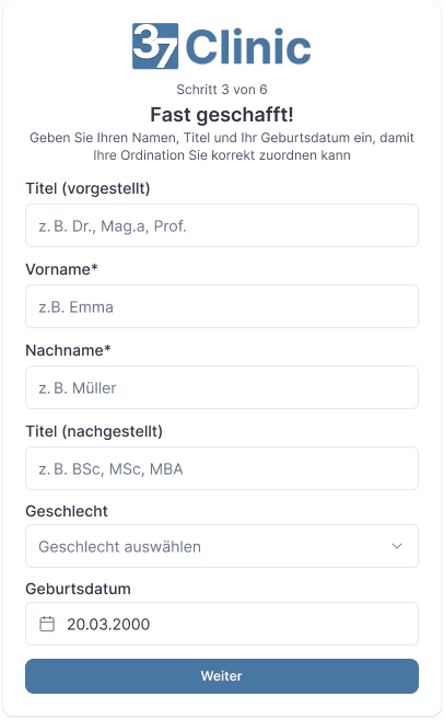 37.clinic - Registrierung - Schritt 3: Persönliche Daten eingeben