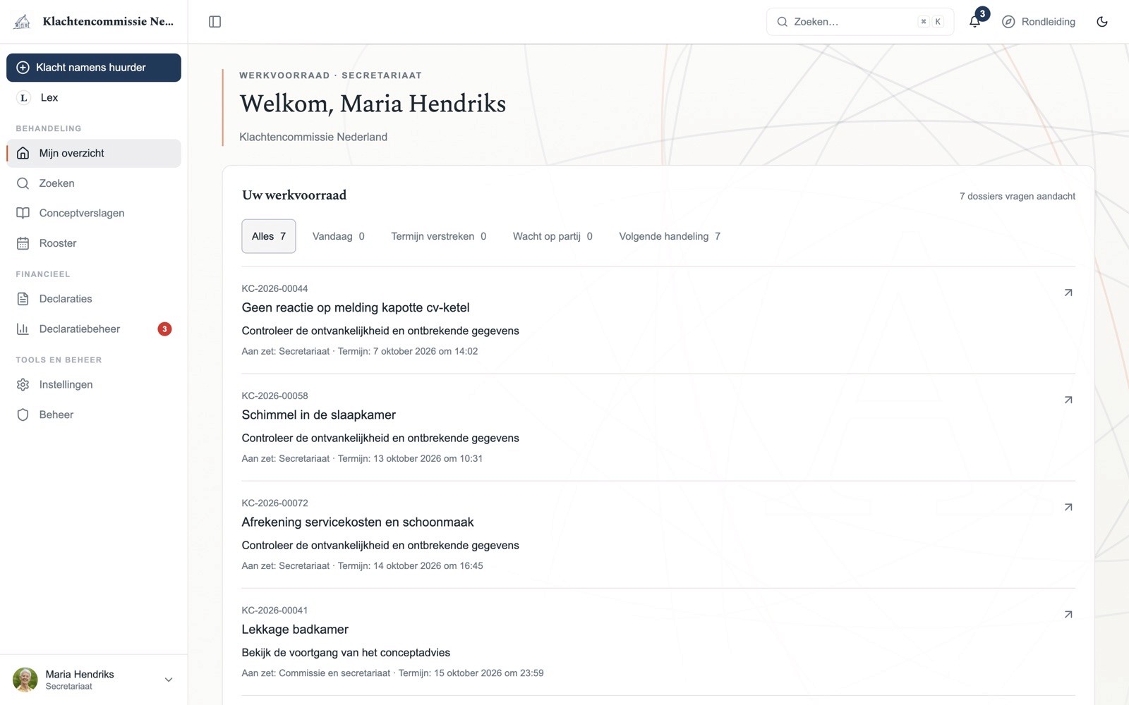 De werkvoorraad van het secretariaat van Klachtencommissie Nederland, met de filters Alles, Vandaag, Termijn verstreken, Wacht op partij en Volgende handeling, en per dossier de volgende stap, wie aan zet is en de termijn.