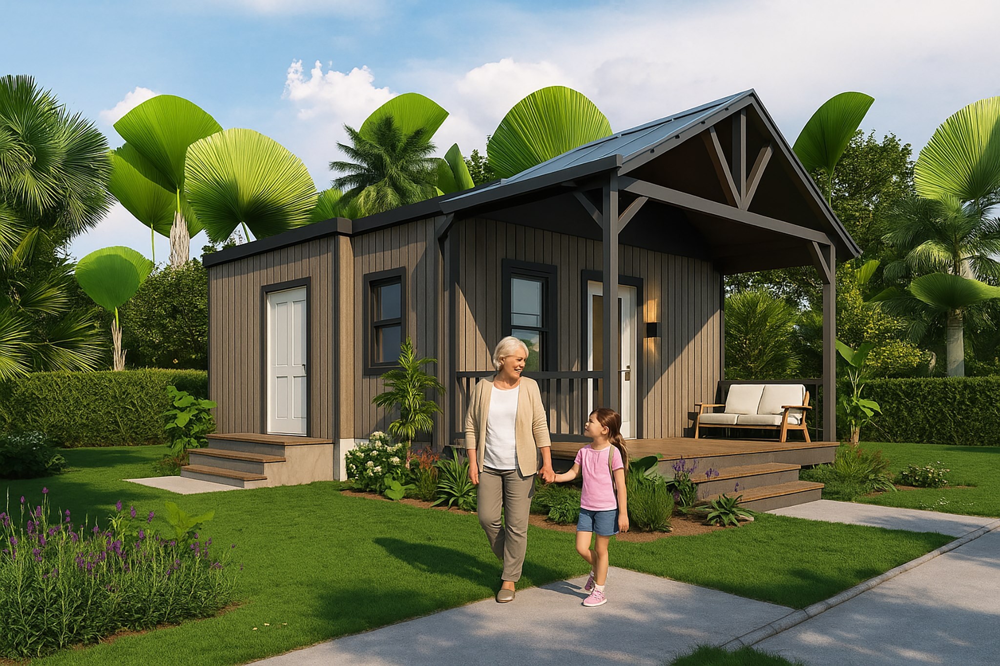 Grandmother and child walking near a small backyard ADU guest cottage in a residential yard.