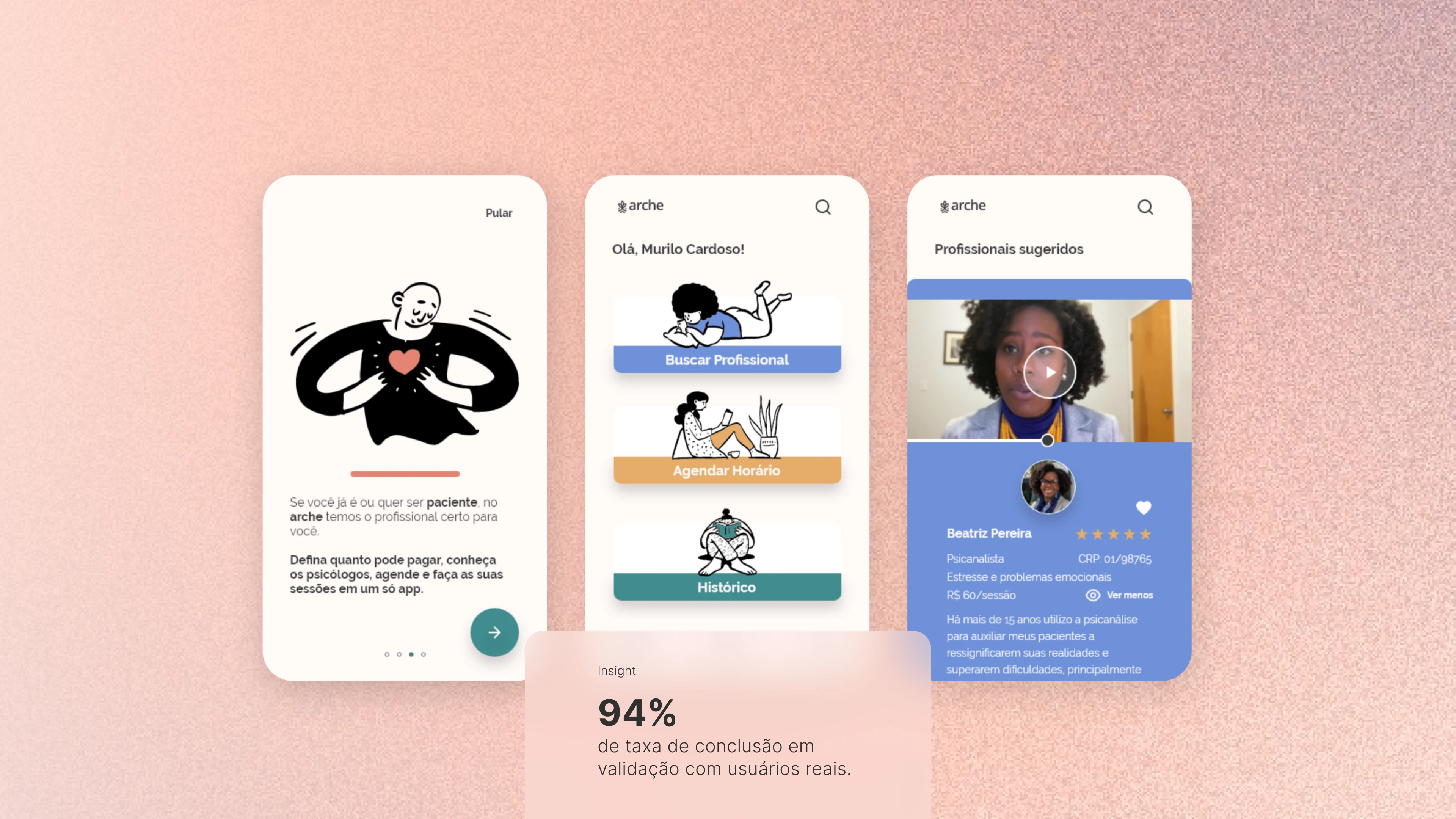Telas do aplicativo móvel Arche: introdução ao onboarding, menu principal com opções de busca profissional e agendamento, e perfil detalhado do psicanalista