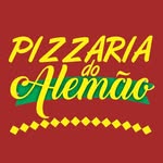 Logotipo do Pizzaria do Alemão com mascote segurando fatia de pizza, destacando tradição desde 2002 e pizzas artesanais.