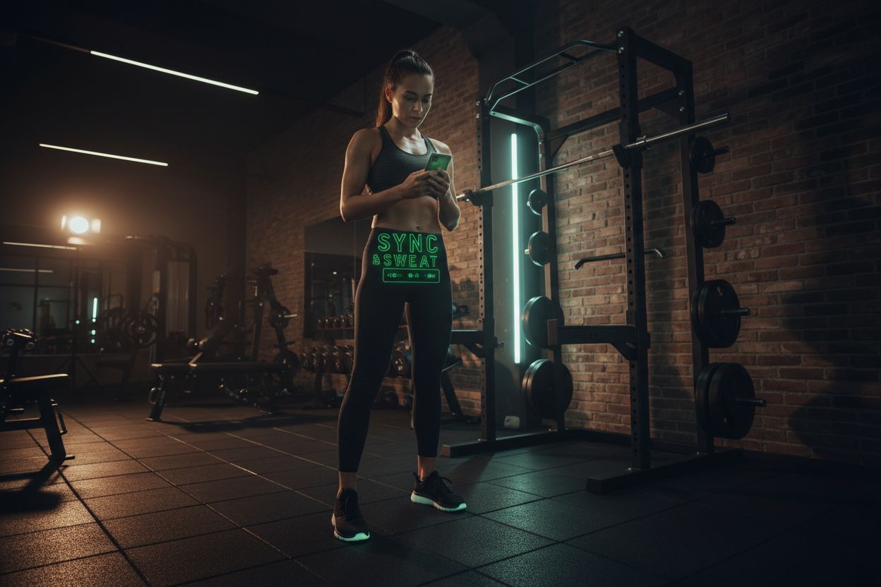 Person checking a fitness app on a smartphone in a gym