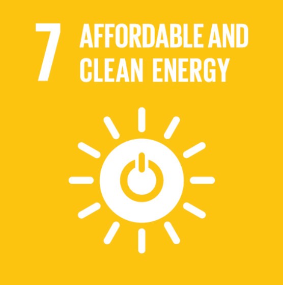 The image represents the seventh United Nations Sustainable Development Goal (SDG 7), which is "Affordable and Clean Energy." It features a bright yellow background with the text "7 Affordable and Clean Energy" at the top. Below the text, there is a simple white icon of a power button surrounded by rays, symbolizing energy and the aim for it to be clean and accessible to everyone. This goal emphasizes ensuring access to affordable, reliable, sustainable, and modern energy for all.