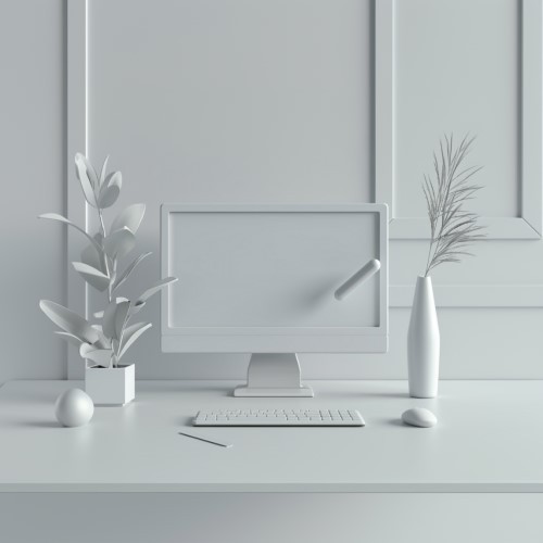 3d Model eines Schreibtisches, auf dem ein Monitor steht, sowie zwei Pflanzen und Maus und Tastatur.