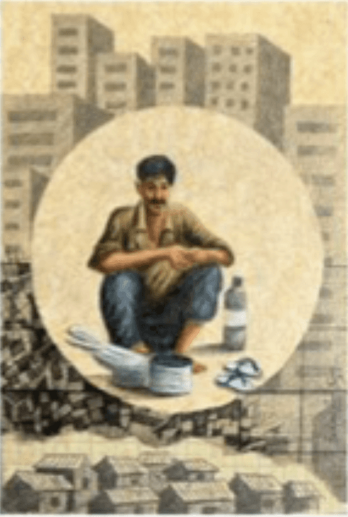 herd of sheep on road painting