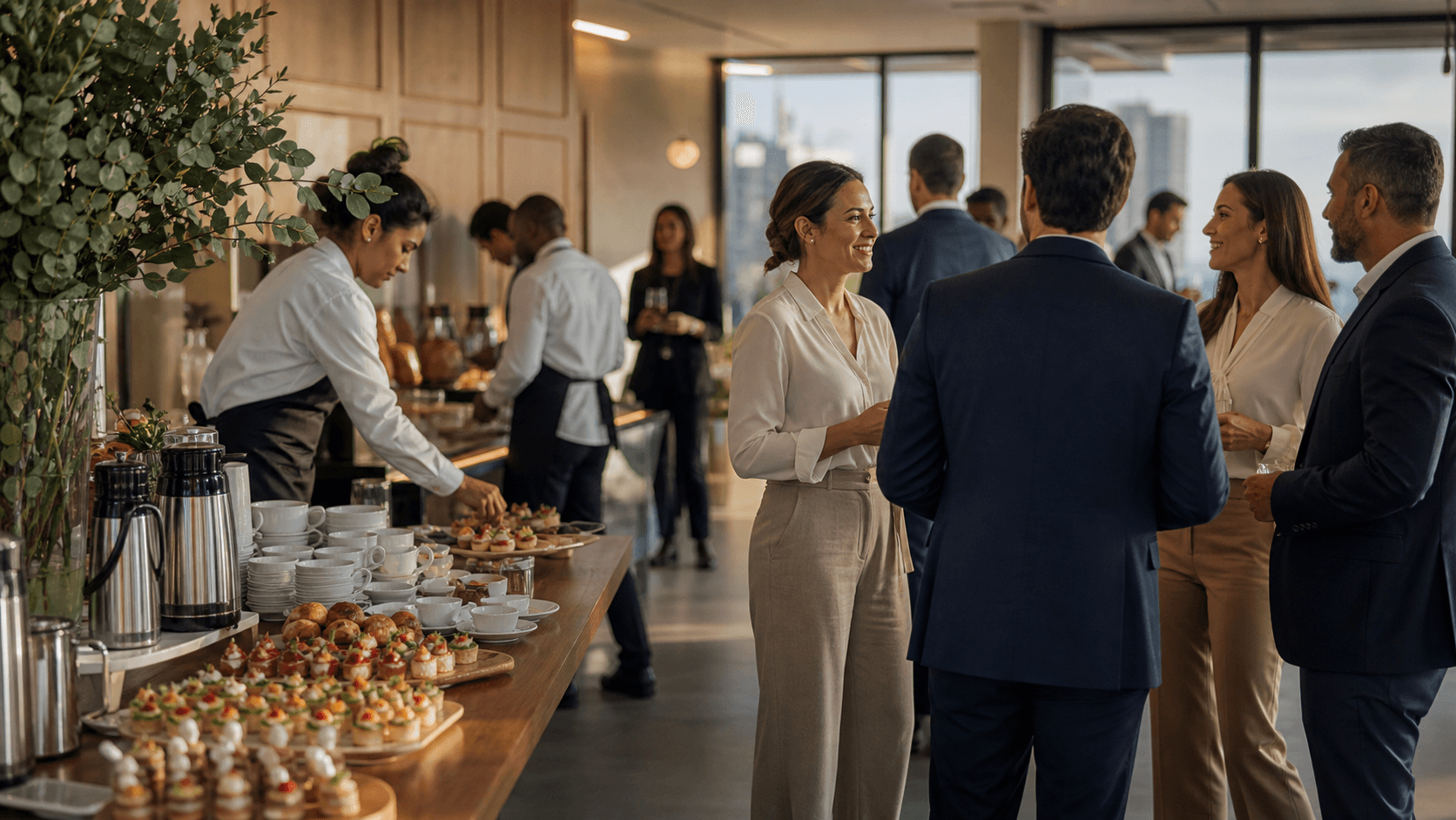 Catering corporativo em evento executivo com convidados