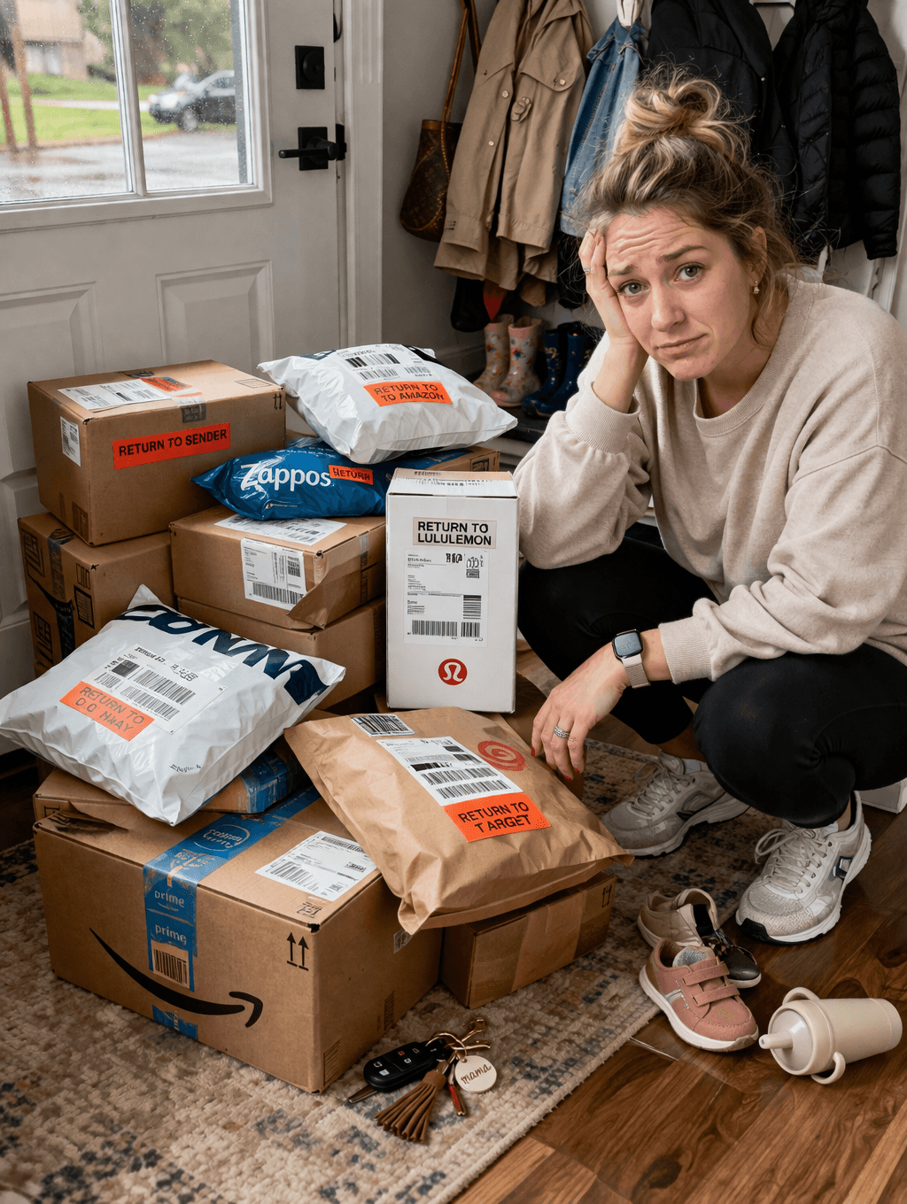 A women is sitting on the ground in her entryway with her hand on her face. She is overwhelmed with the amount of boxes and clutter in her home and wishes she would have someone help her return these packages. 