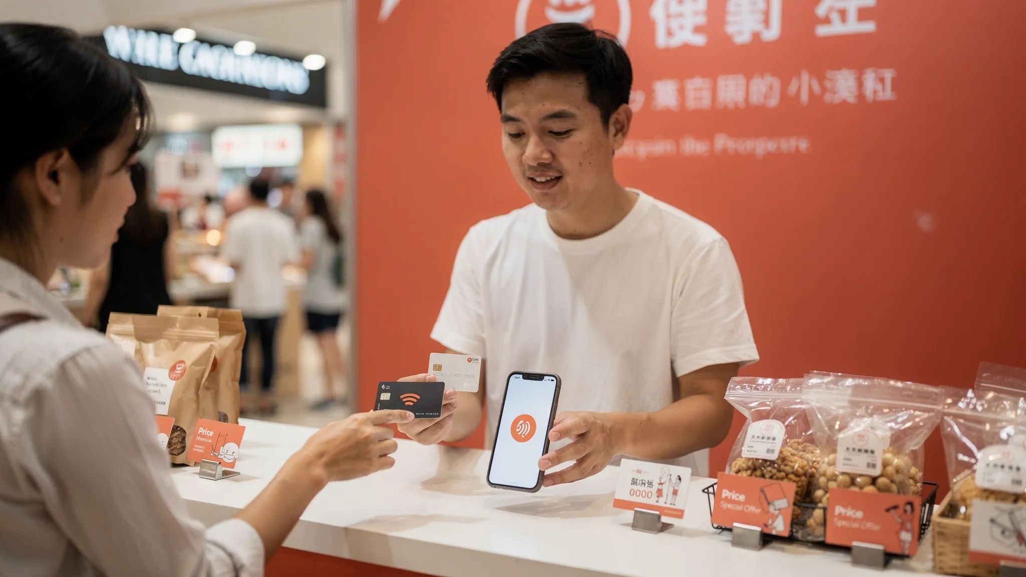 A Singapore small business owner at a pop-up booth accepting a contactless card payment on a smartphone while a customer taps a card at the counter.