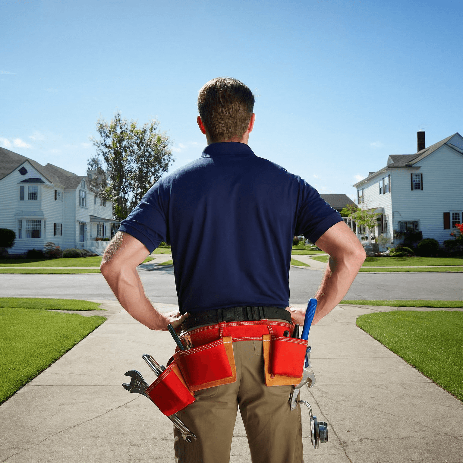 Handyman with tool belt inspecting residential area after maintenance