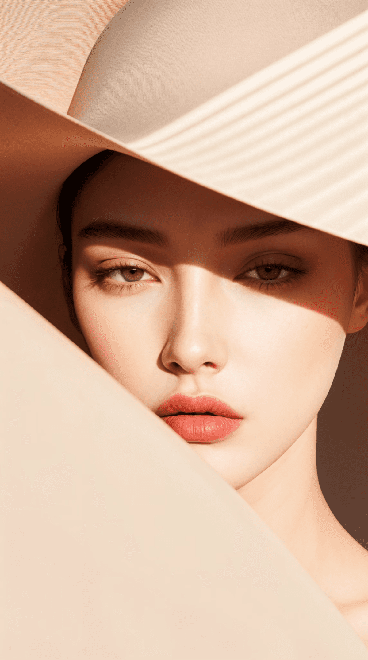 Close-up portrait of a woman with flawless skin wearing a wide-brimmed beige hat, her face softly framed by delicate shadows.