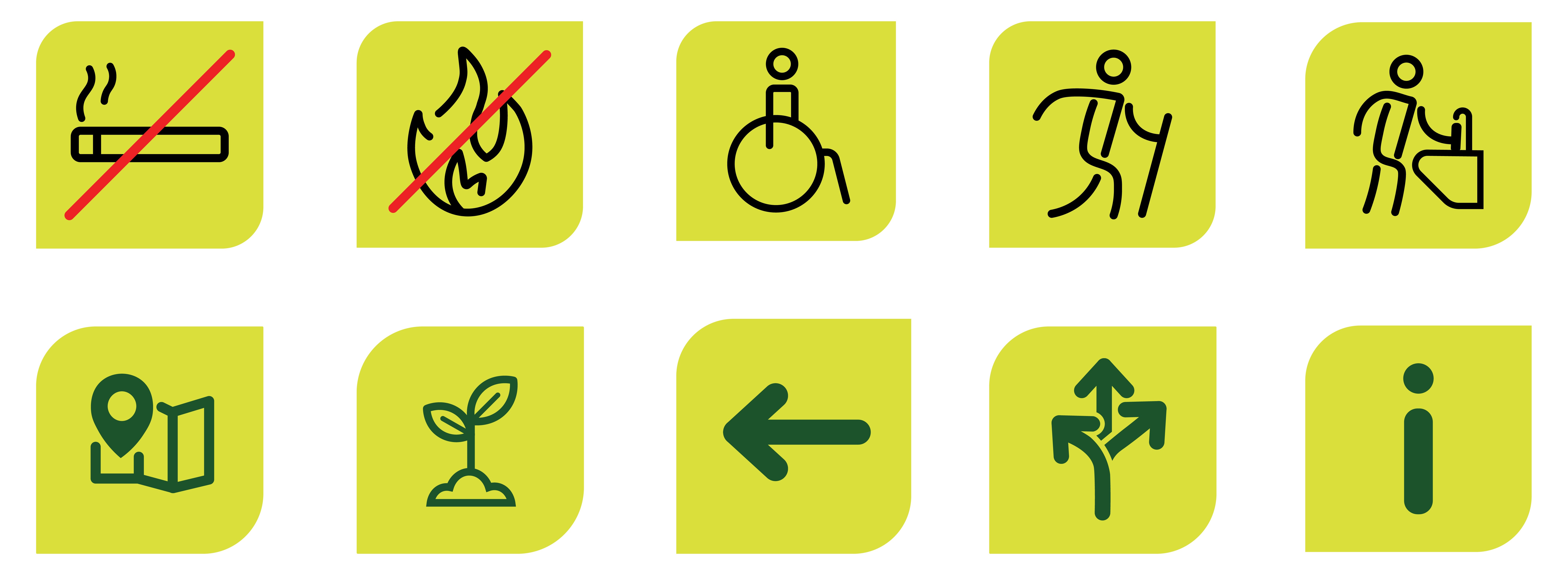 A grid of illustrated icons on a light green background, including symbols for no smoking, no fire, accessibility, hiking, drinking water, maps, plants, directional arrows, and general information.