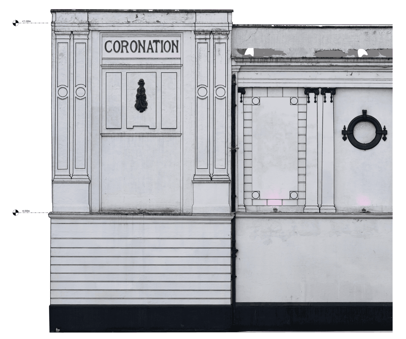 Precise measured building survey elevation drawing of a historic facade, detailing architectural features like stonework and windows
