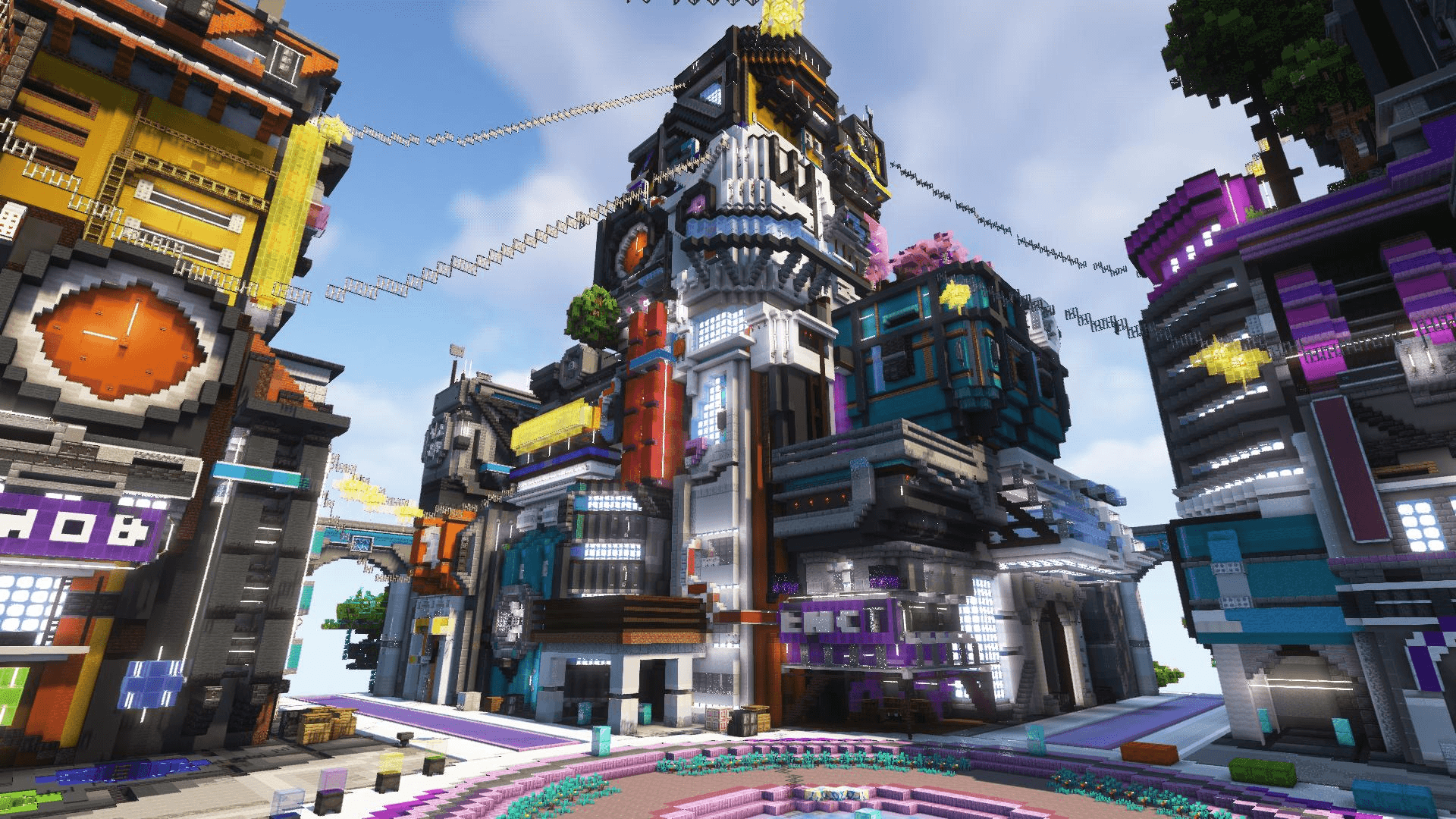 Created by Dexity, a Minecraft service build team that is an official Minecraft partner. a 600x600 cyberpunk 2077 themed spawn that functions as a lobby surrounded by lush terrain in a warzone that contains many regions and biomes