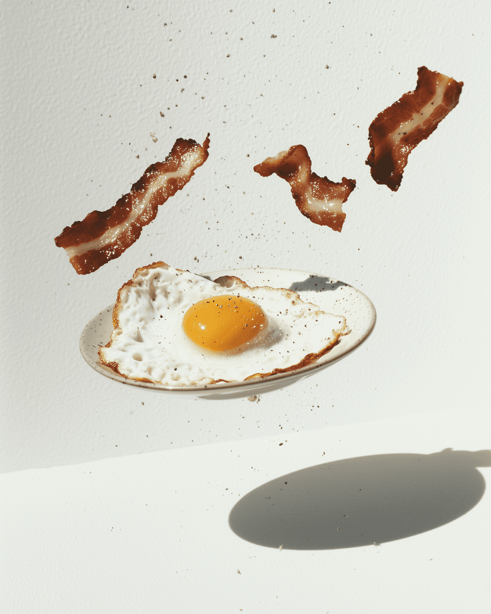 Minimal food photograph of a fried egg and crispy bacon strips on a light surface with hard shadows.