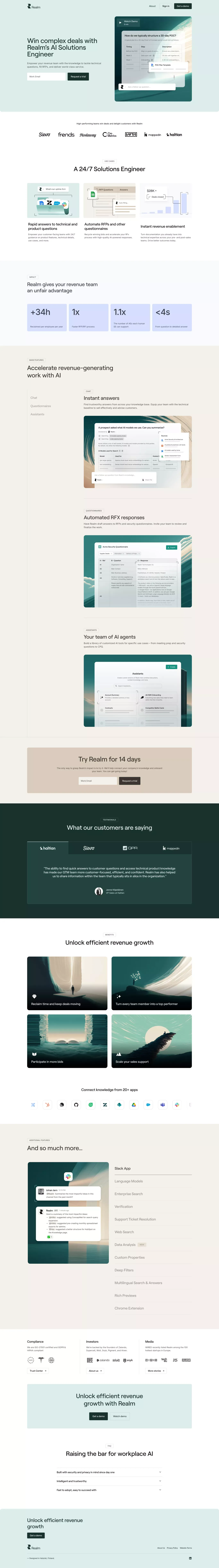 Realm: Win complex deals with Realm’s AI landing page screenshot showcasing AI and Tech design