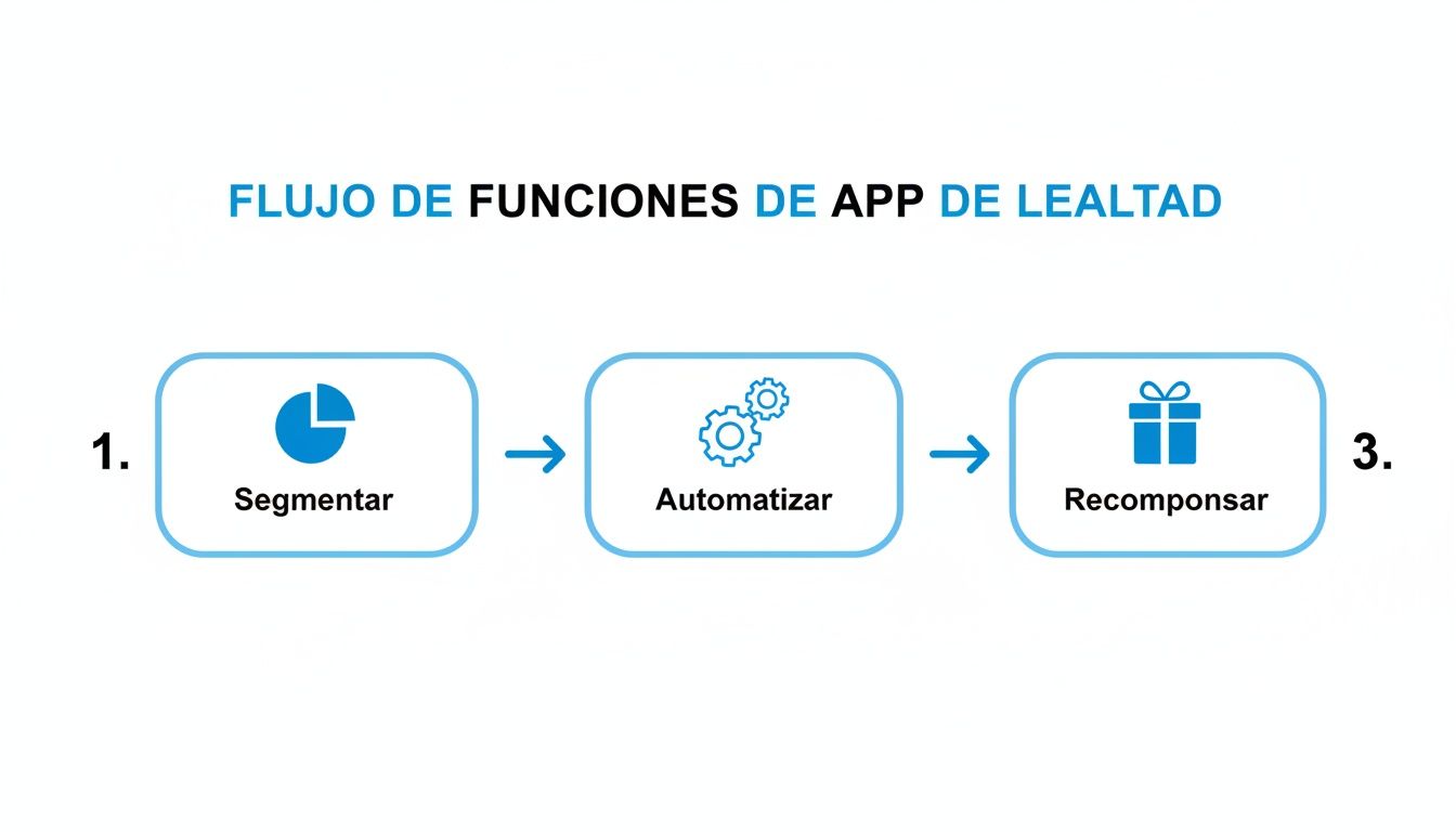 Diagrama de flujo de las funciones de una aplicación de lealtad, mostrando los pasos: segmentar, automatizar y recompensar.