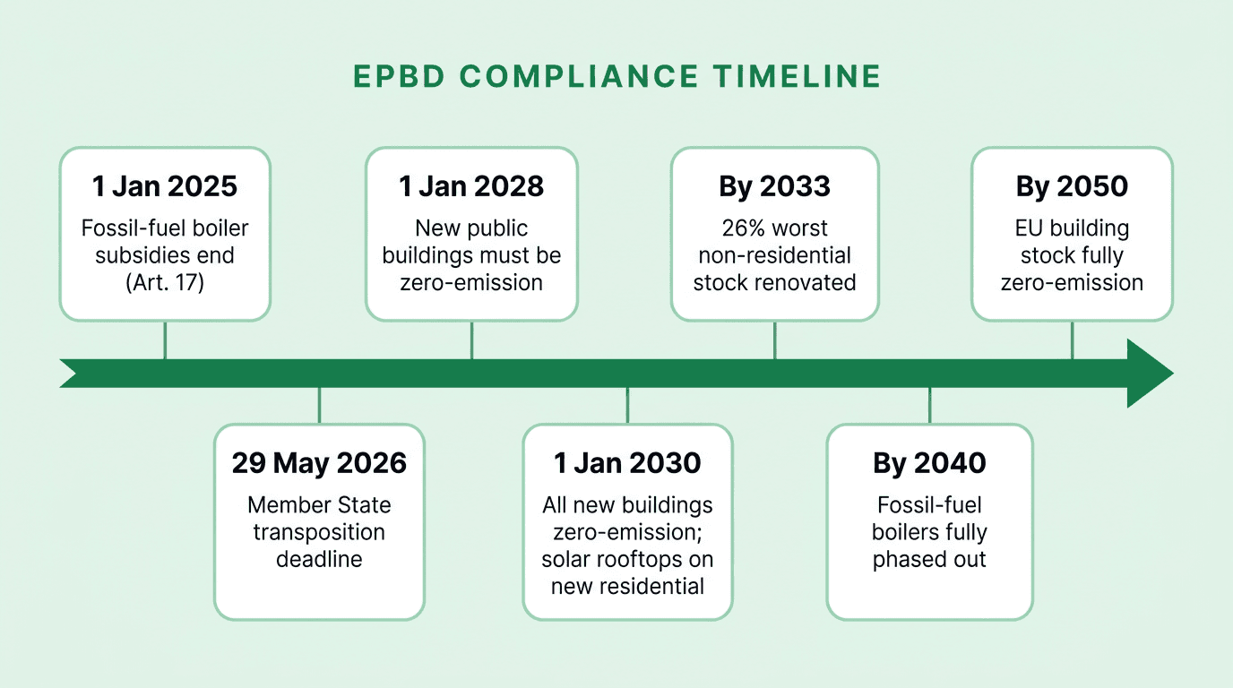 Timeline diagram showing the EPBD compliance milestones from the 2026 transposition deadline through 2028, 2030, 2033, 2040, and 2050, with the trigger event at each date.