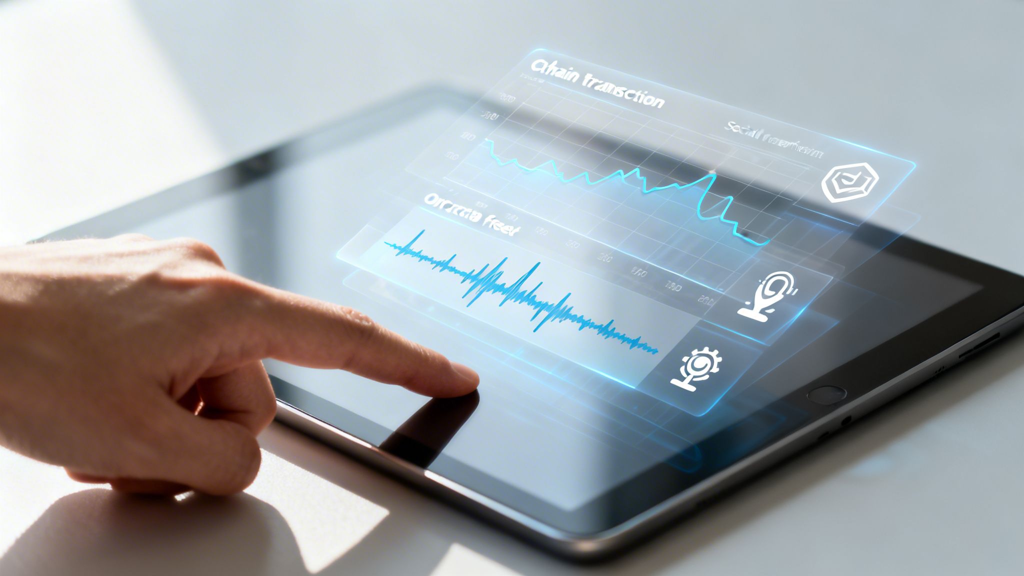 A hand interacts with a tablet displaying holographic graphs of chain transactions and on-chain fees.