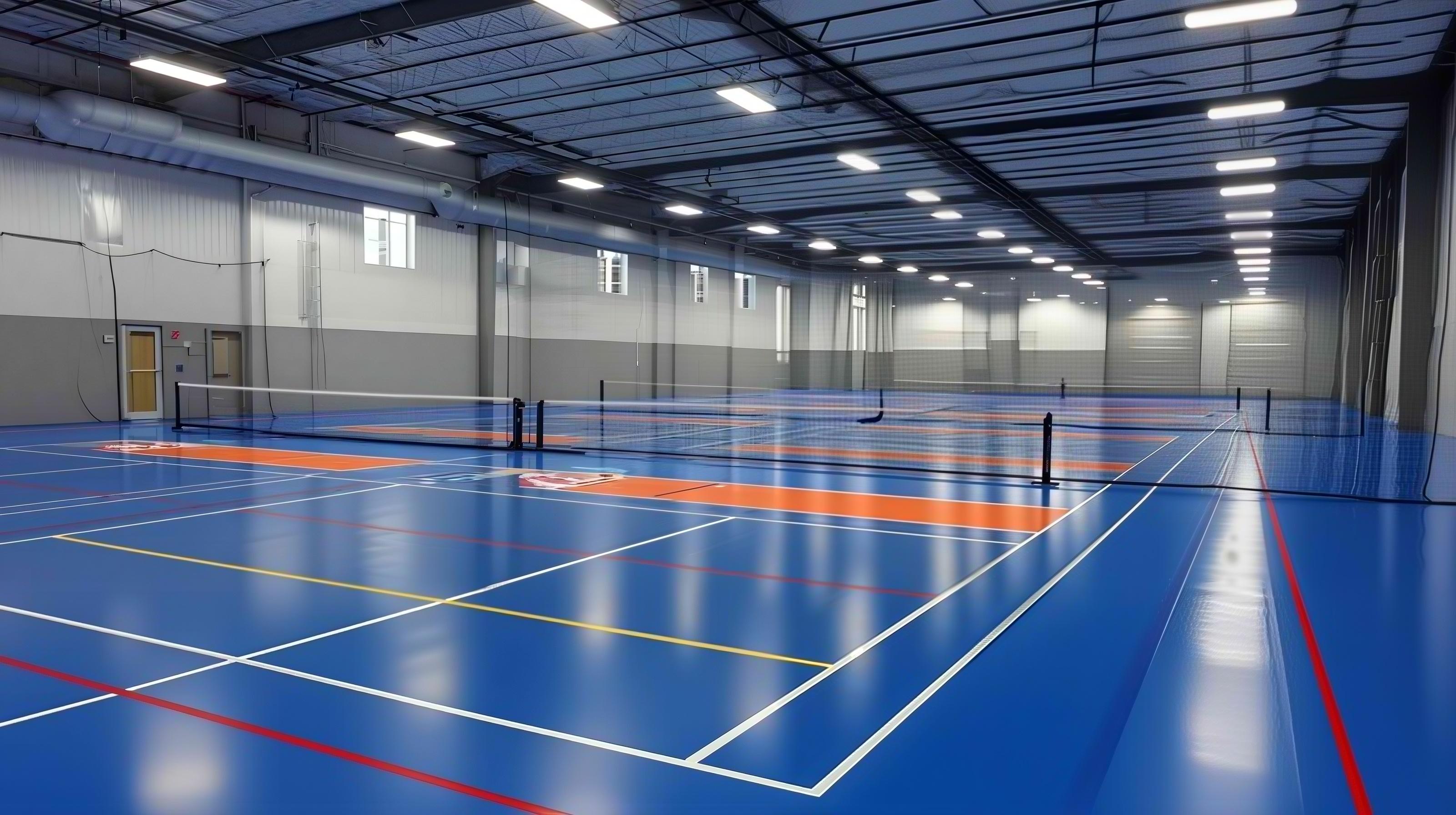 室內匹克球場專業設計工程，採用藍灰色高彈性防滑運動地板與標準標線，具備優質球速反饋與耐磨度。