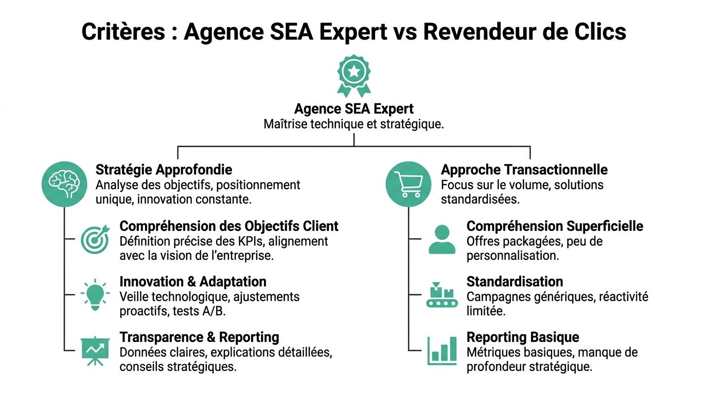 Infographie comparant les services d'une agence SEA experte avec ceux d'un revendeur de clics standard.