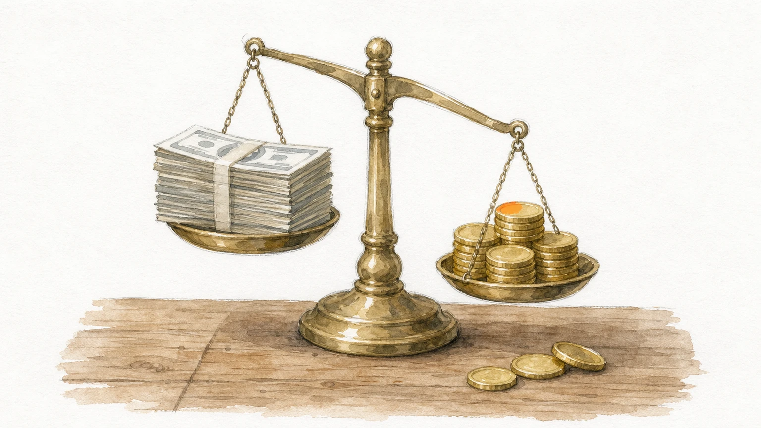 A balance scale with a tall stack of banknotes on one side and a smaller pile of coins on the other, tipping toward the coins.