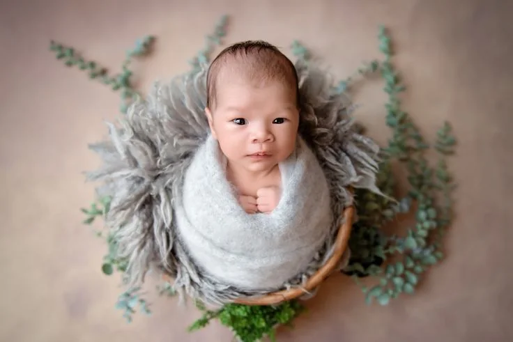 Awake newborn in a pale wrap in a basket with greenery