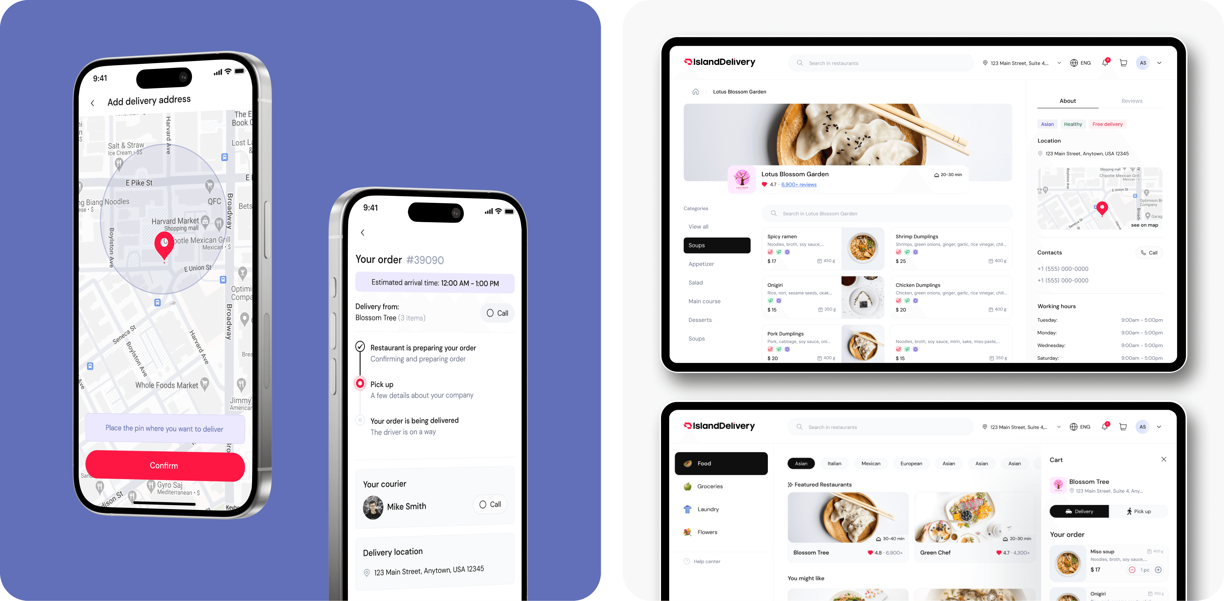 Mockup of a mobile app on the left and a website interface showcasing products on the right.