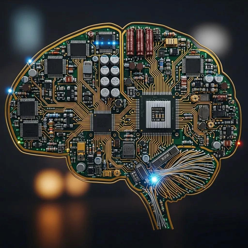 Cognitive architecture represented by a brain-shaped circuit board, illustrating AI memory frameworks