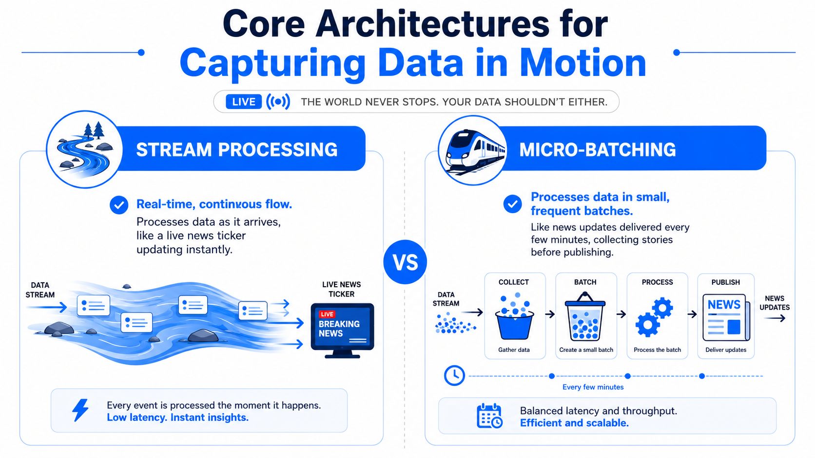 A comparison infographic between stream processing and micro-batching for capturing real-time data in motion.