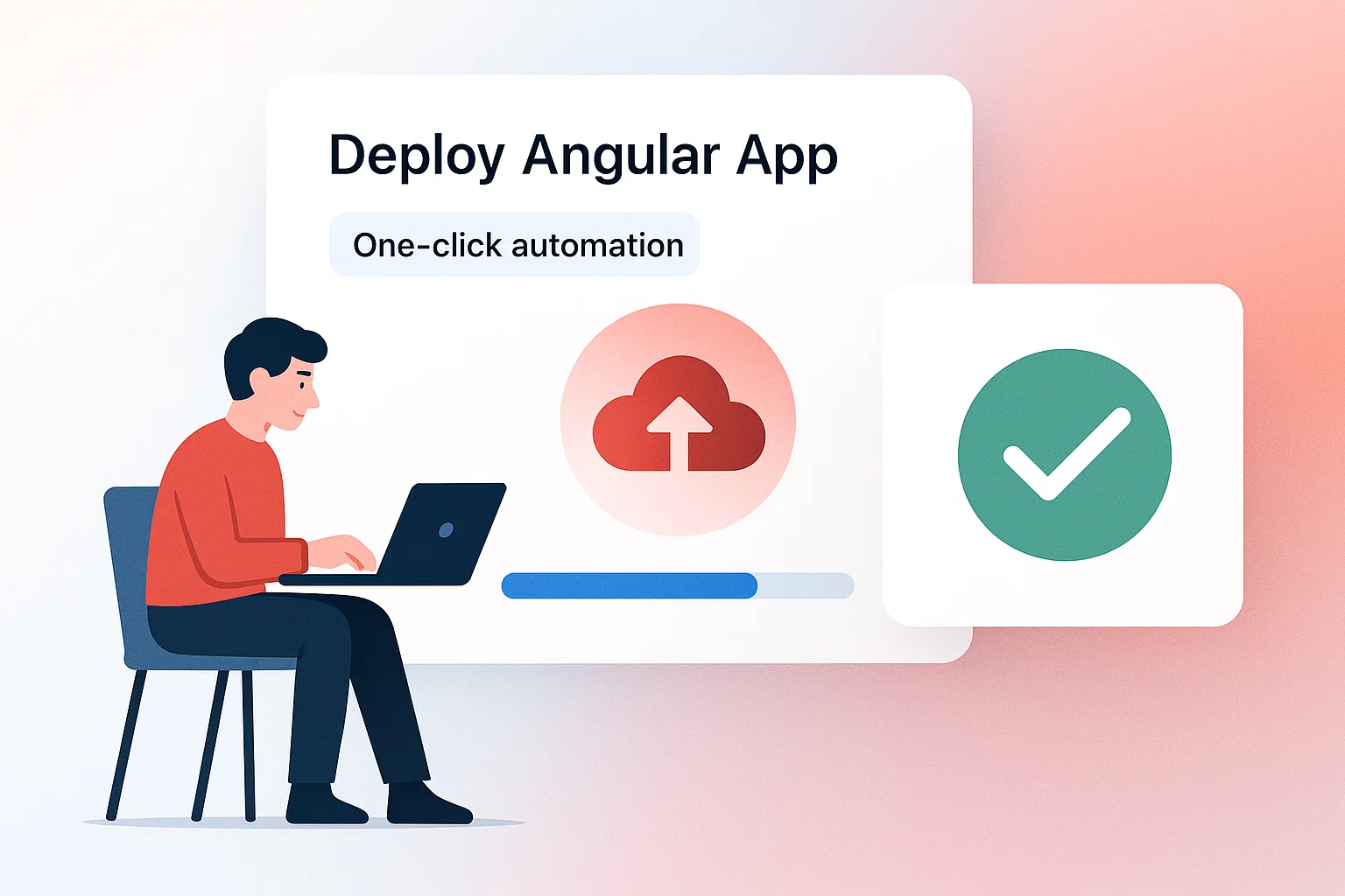 Illustration of a developer deploying an Angular 21 application with one-click automation and cloud upload success indicator in Google-style vector art.