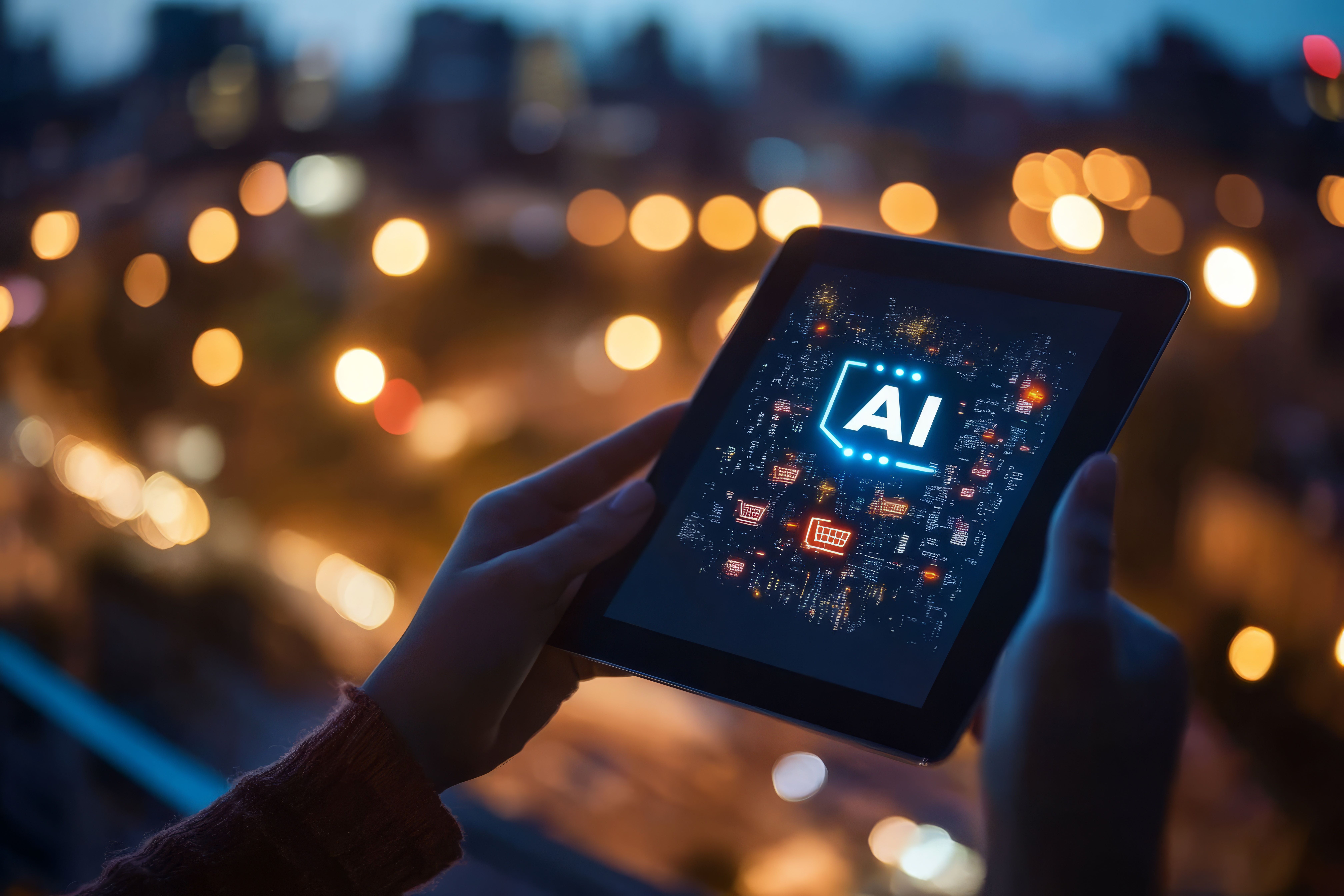A person holds a tablet displaying an AI interface against a blurred cityscape at night, symbolizing AI-driven real-time customer service guidance. The visuals highlight adaptive listening, intelligent support, and enhanced operational efficiency.
