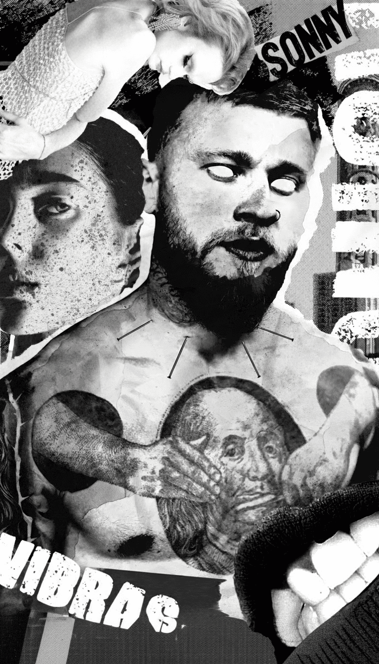 Black textured background with subtle speckled grain and distressed white marks along the edges.