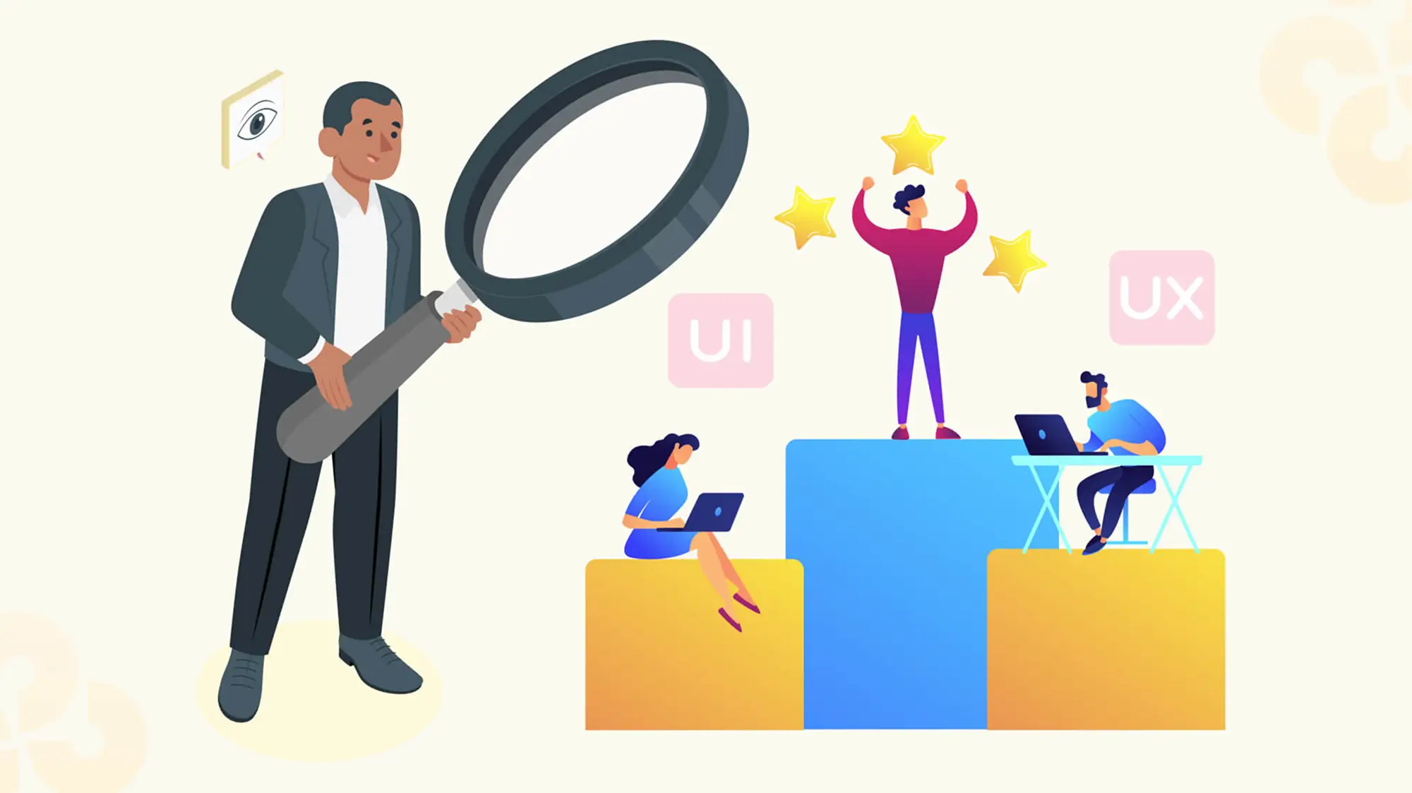Person using magnifying glass to evaluate team performance