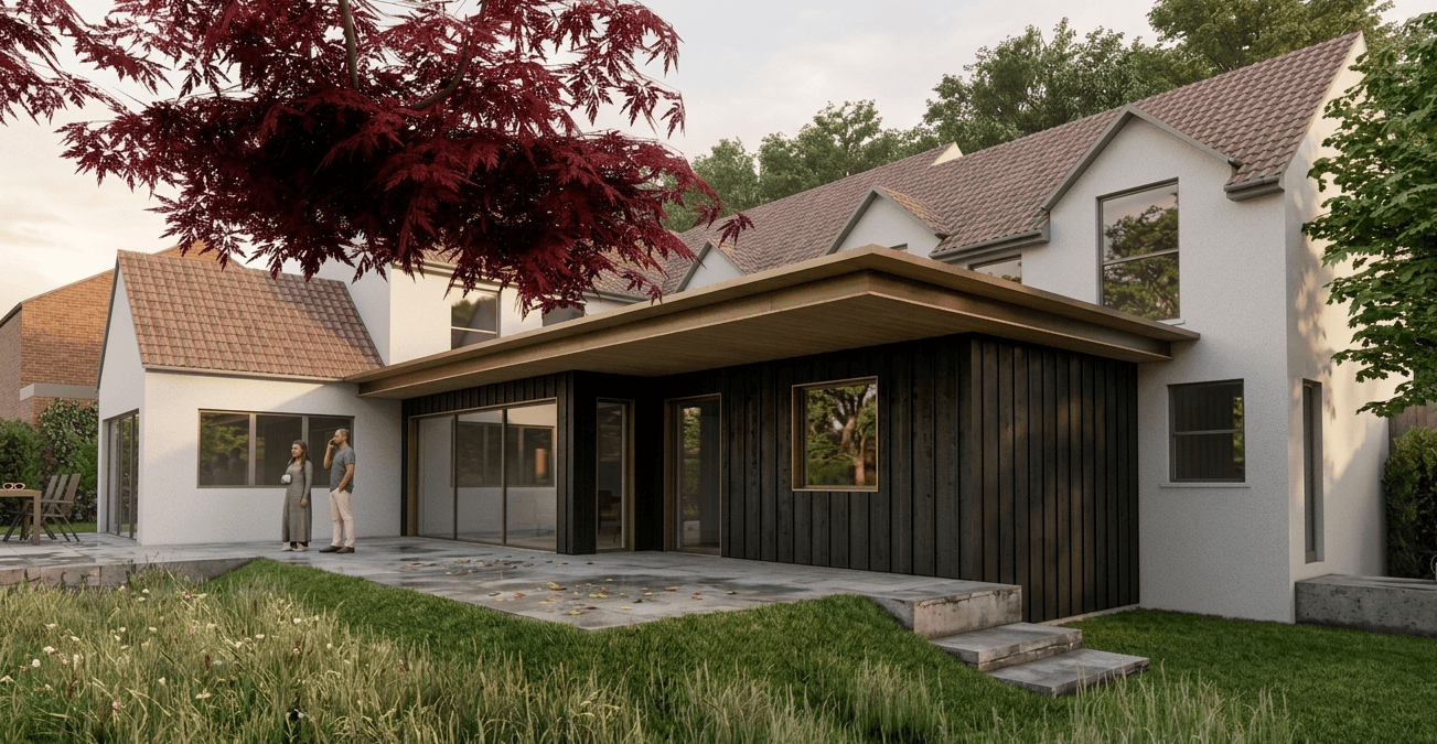 Contemporary rear extension with sedum roof and timber cladding in Gamlingay 1920s house refurbishment