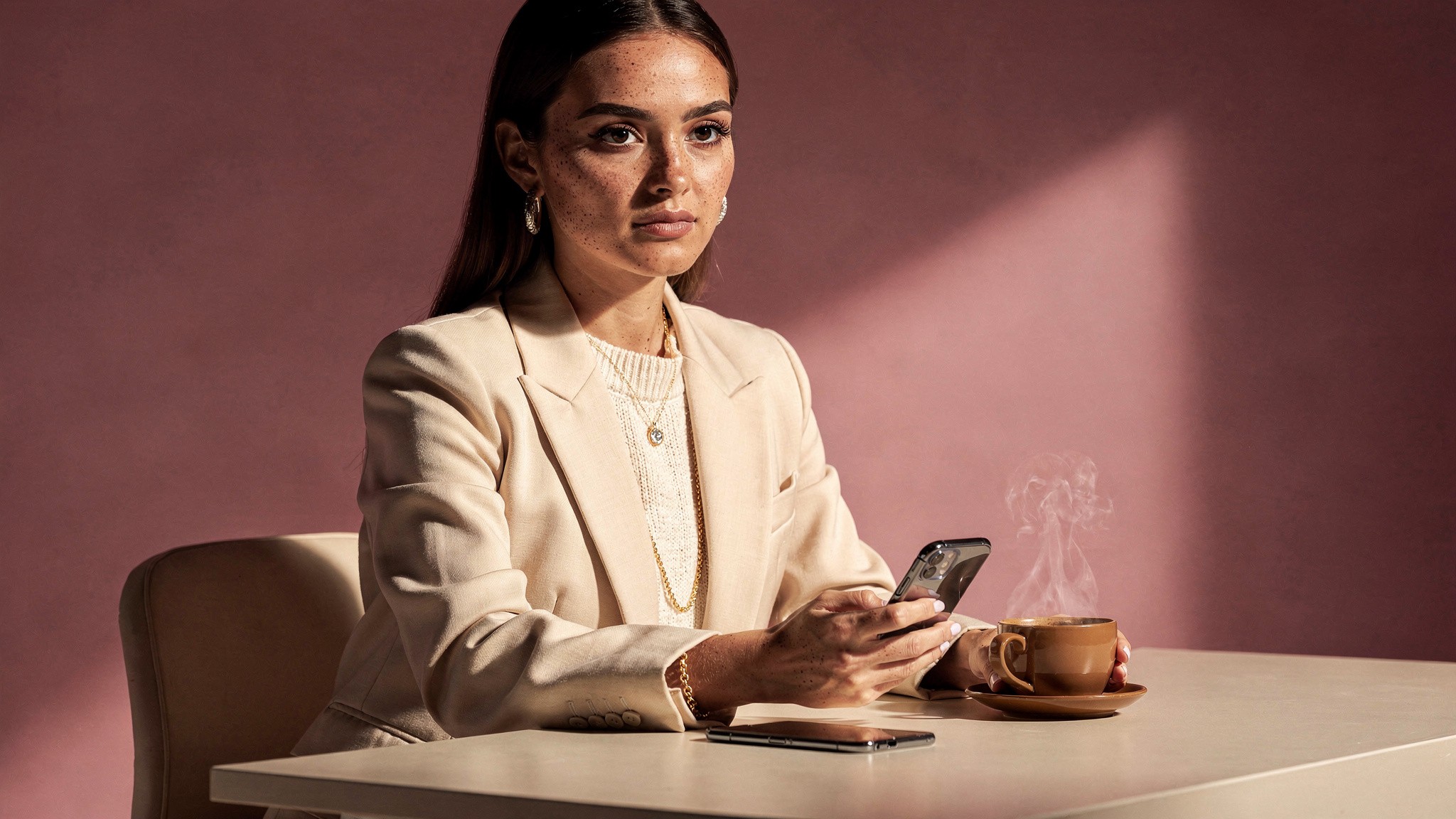 Creator at a styled desk with phone and coffee, calm consistent routine mood