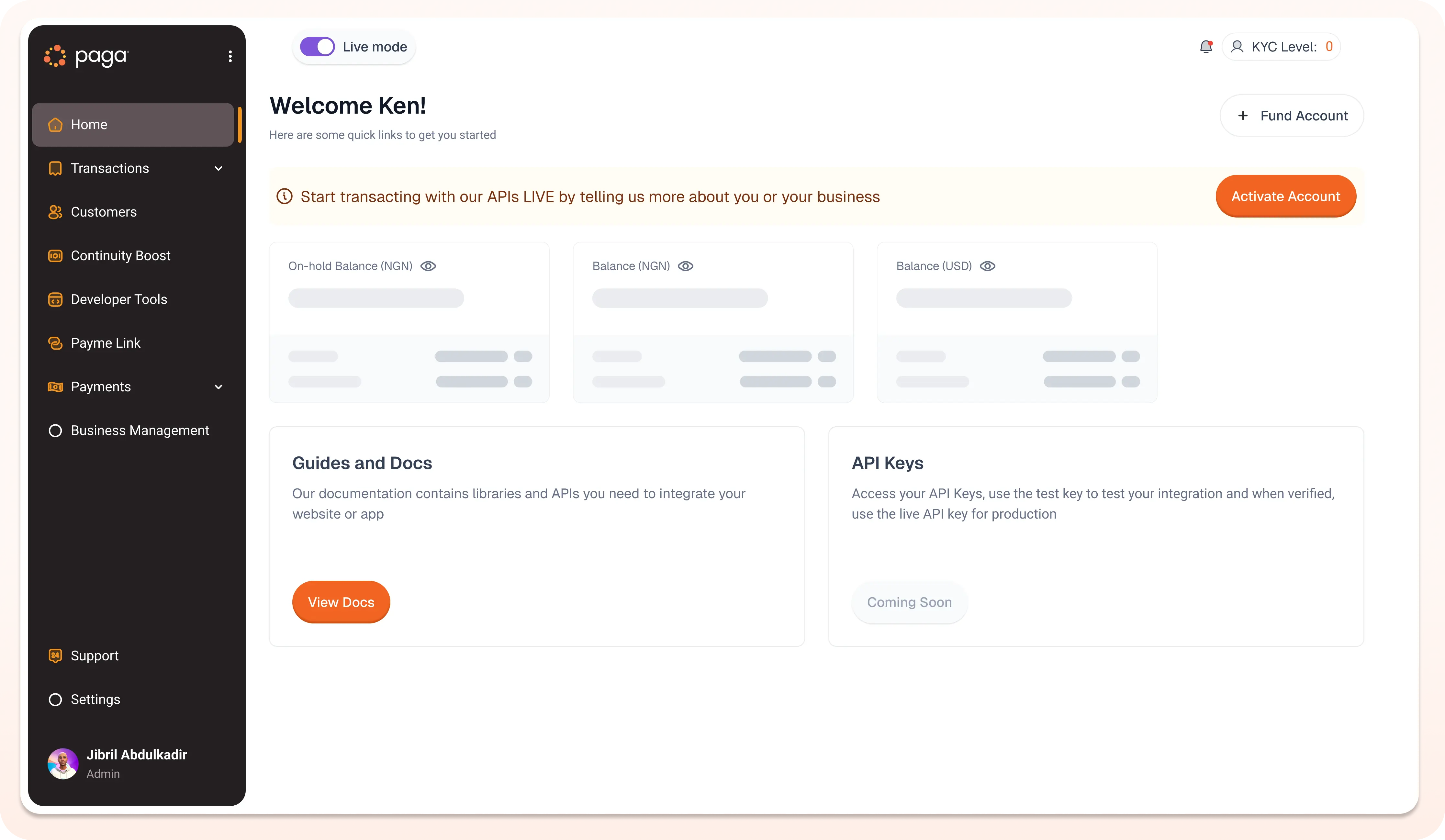 Paga engine new Business portal Interface