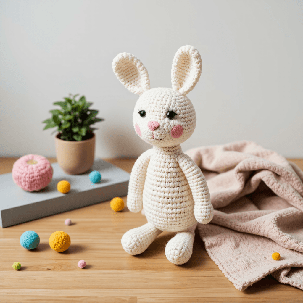 product photography of crocheted stuffed rabbit toy