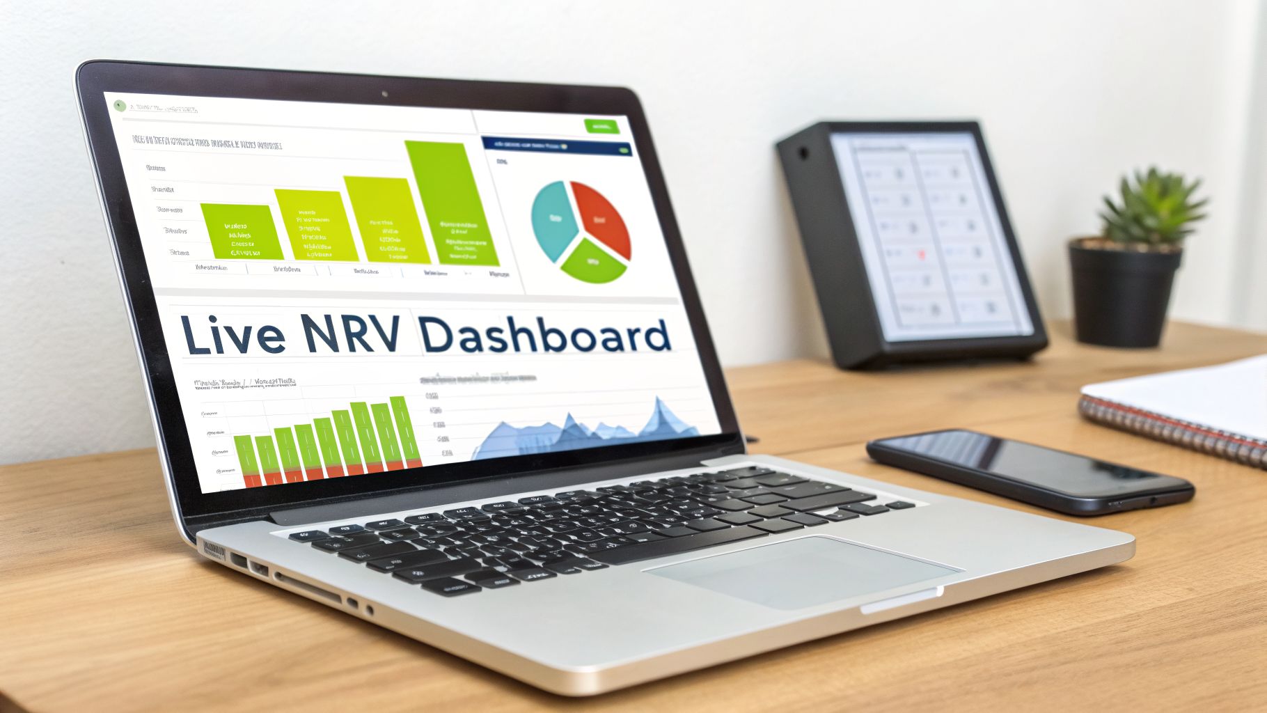 Laptop displaying a 'Live NRV Dashboard' with charts and graphs on a wooden desk.
