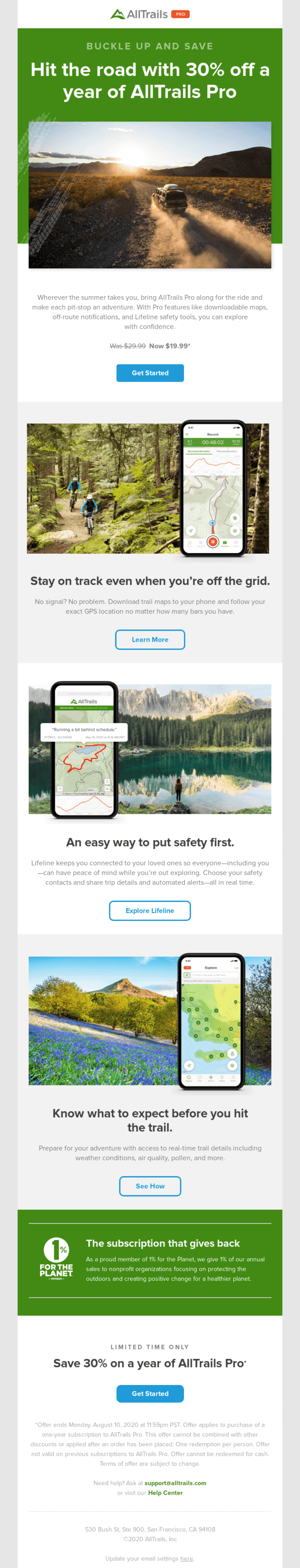  "AllTrails Pro promotional email offering 30% off annual subscriptions, emphasizing features like offline maps, Lifeline safety tools, and real-time trail details."