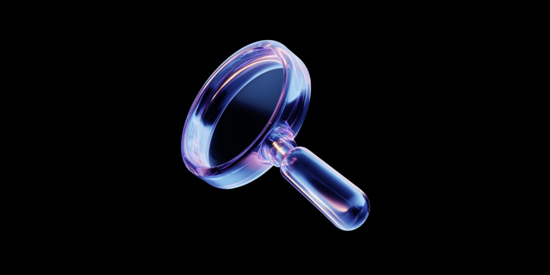 3D glass magnifying glass icon on black background