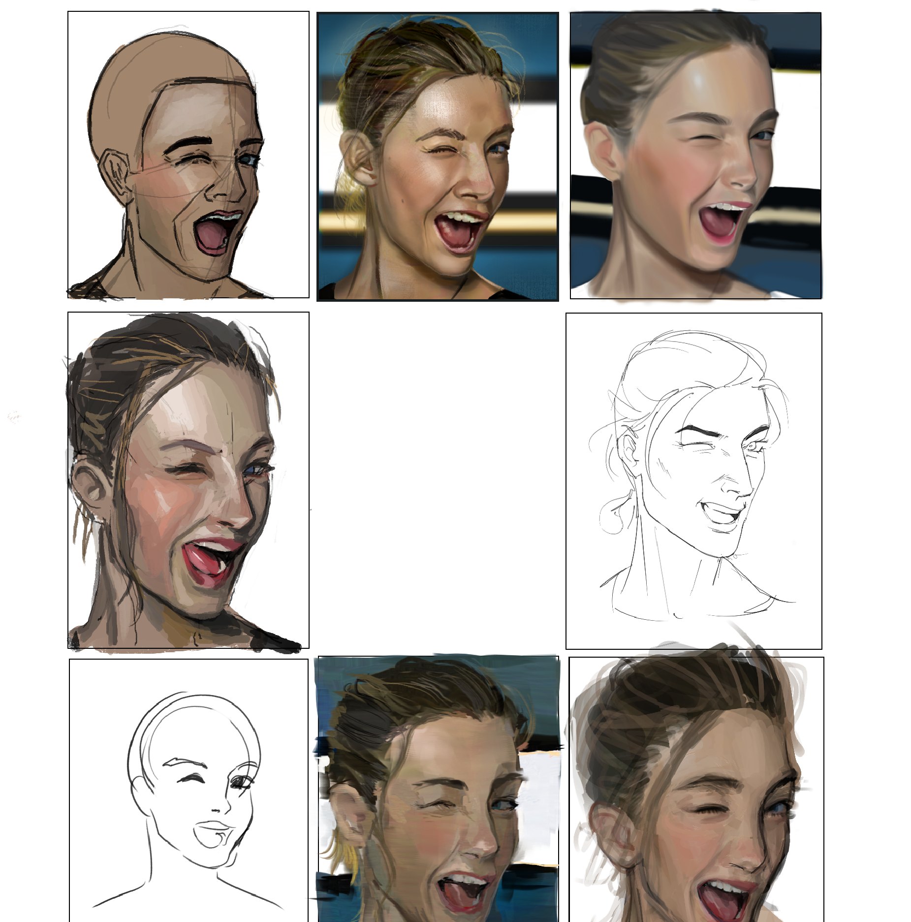 The study canvas from "face & expression studies!" (the reference photo is left out). The outlined face is the laughing study further down.